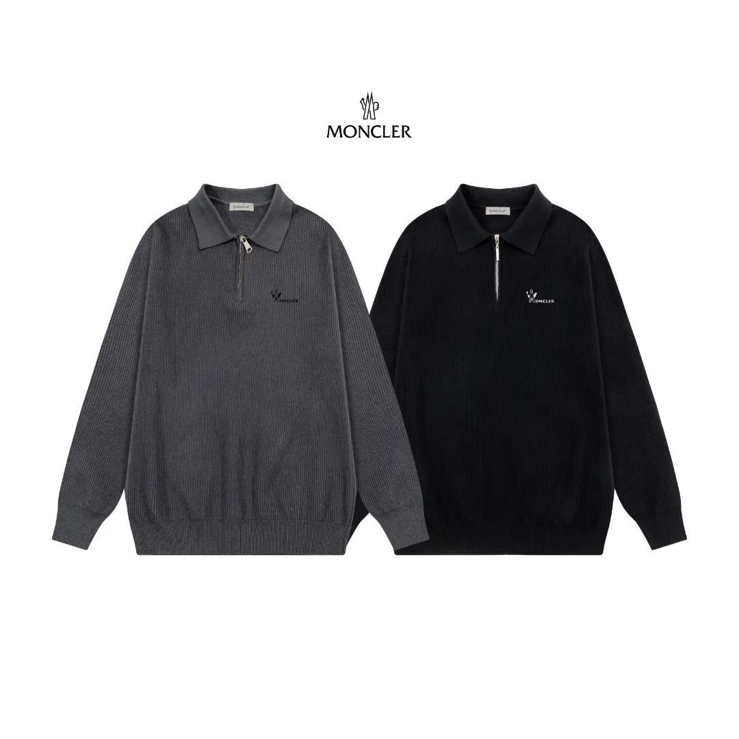 P250 Moncler masked zipper lapel sweater, the latest 2025 casual Polo wool sweater.  The texture is delicate, soft and comfortable, skin-friendly and warm, not easy to deform, simple and high-end style, and the logo on the chest is very exquisite and perfect! The upper body effect is very strong 👍 Color: black, gray Size: S-XL