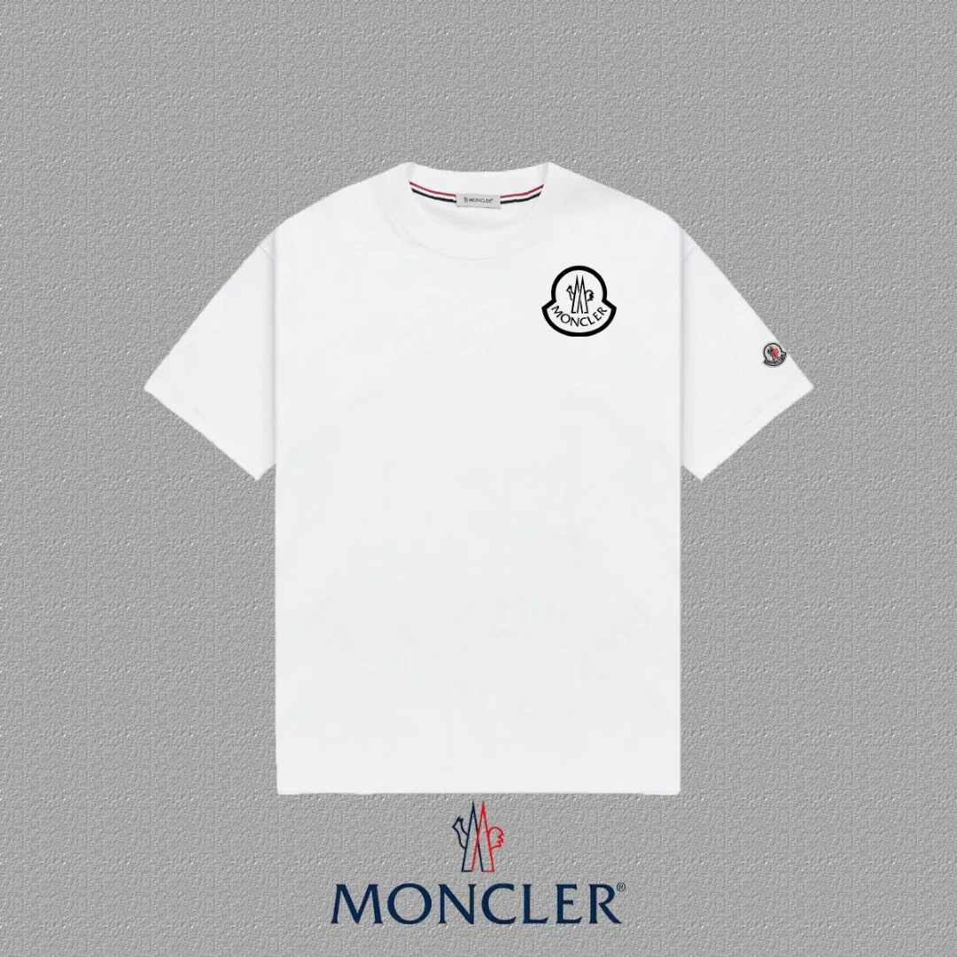 P140 🔥[MONCLER] 2025FW short-sleeved T-shirt, badge + LOGO thick plate, high-end 26s double yarn 300g fabric, heavy fabric, custom stretcher rib, same cylinder and dye, complete three standards, same style for men and women, color: black, white, size: S M L XL 2XL