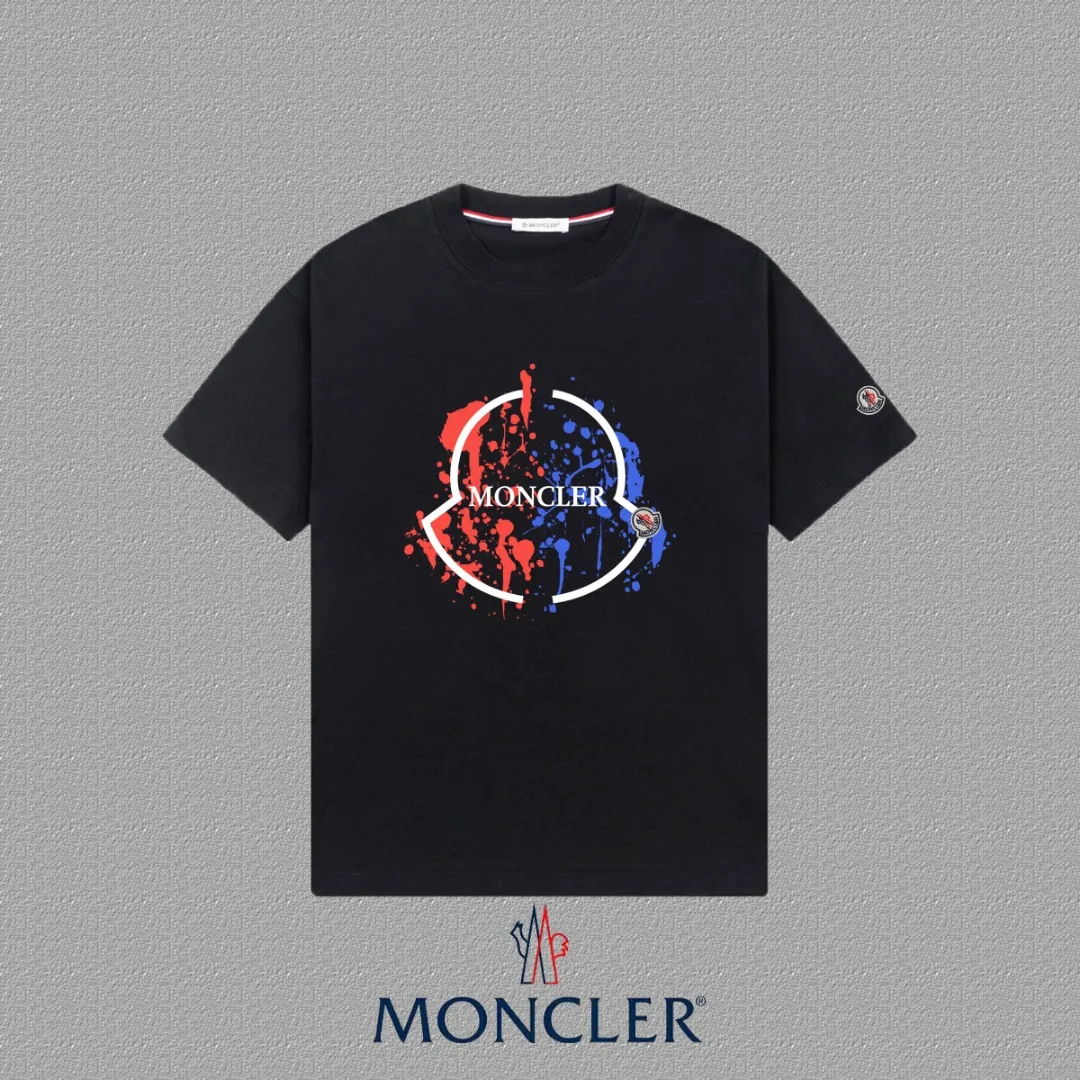 P140 🔥 [MONCLER] 2025FW short-sleeved T-shirt with badge + LOGO, high-end 26s double yarn 300g fabric, heavy fabric, custom stretcher rib, same vat and dye, complete three standards, same style for men and women, color: black, white, size: S M L XL 2XL