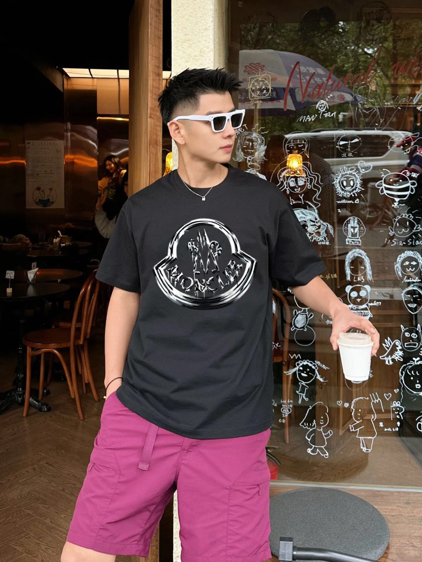 P160 MONCLER official short-sleeved T-shirt 2024 spring and summer new heavy industry printing original imported customized 260g double yarn pure cotton high-density threaded same vat dyed fabric loose version super versatile very suitable for both men and women must-have color: black white code number: S M L XL