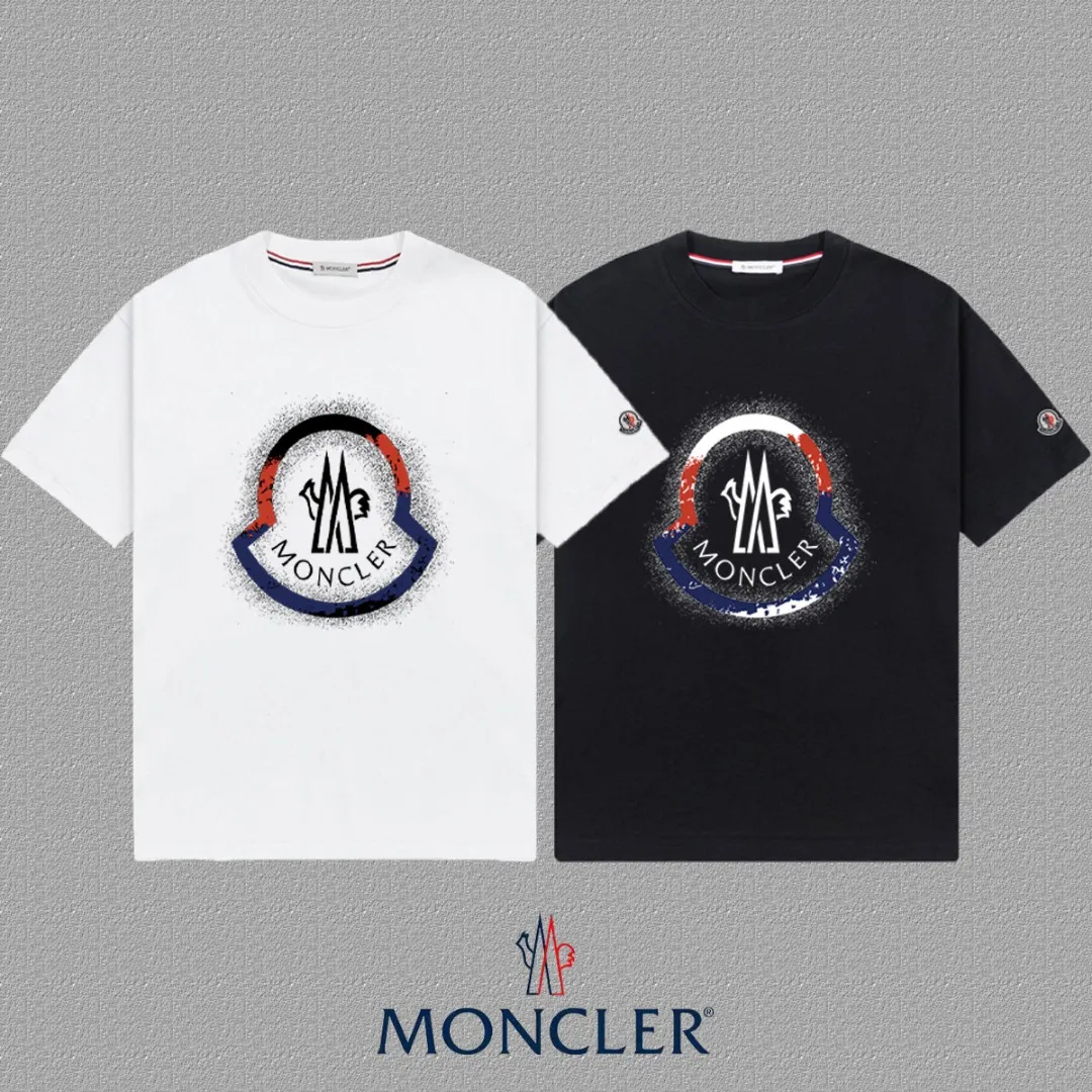 P140 [MONCLER] 2025FW short-sleeved T-shirt with badge + LOGO, high-end 26s double yarn 300g fabric, heavy fabric, custom stretcher rib, same cylinder and dye, complete three standards, same style for men and women, color: black, white, size: S M L XL 2XL