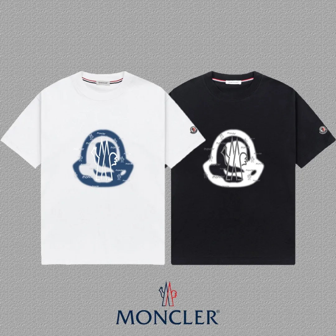 P140 🔥[MONCLER] 2025FW short-sleeved T-shirt, badge + LOGO printing, high-end 26s double yarn 300g fabric, heavy fabric, custom stretcher rib, same vat and dye, complete three standards, same style for men and women, color: black, white, size: S M L XL 2XL