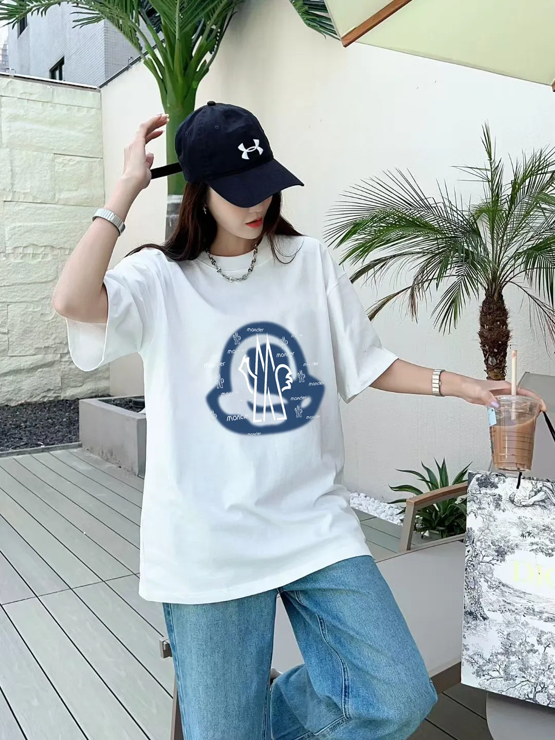 P140 [MONCLER] 2025FW short-sleeved T-shirt, badge + LOGO printing, high-end 26s double yarn 300g fabric, heavy fabric, custom stretch rib, same cylinder and dye, complete three standards, same style for men and women, color: black, white, size: S M L XL 2XL