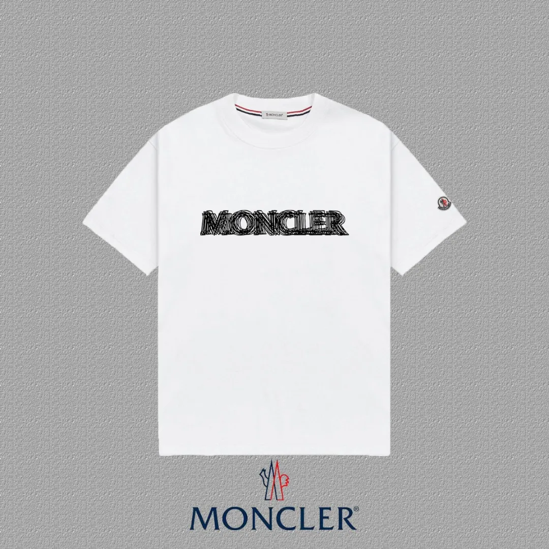 P140 [MONCLER] 2025FW short-sleeved T-shirt badge + ghost LOGO, high-end 26s double yarn 300g fabric, heavy fabric, custom stretcher rib, same cylinder and dye, complete three standards, same style for men and women, color: black, white, size: S M L XL 2XL