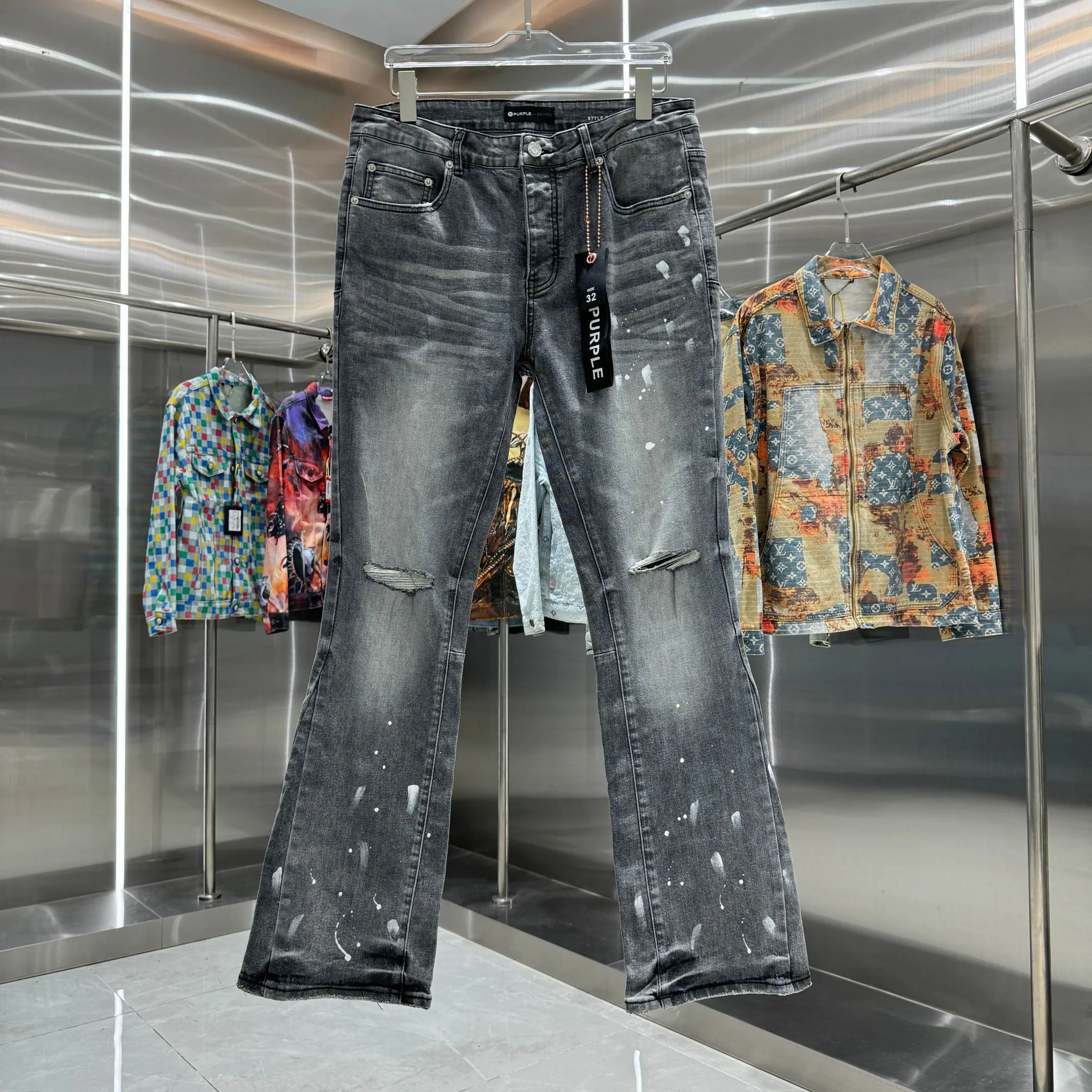 🅿️310 Purple Brand ripped graffiti craft street trend style micro-flared stretch jeans Color Black Size 30 32 34 36 38