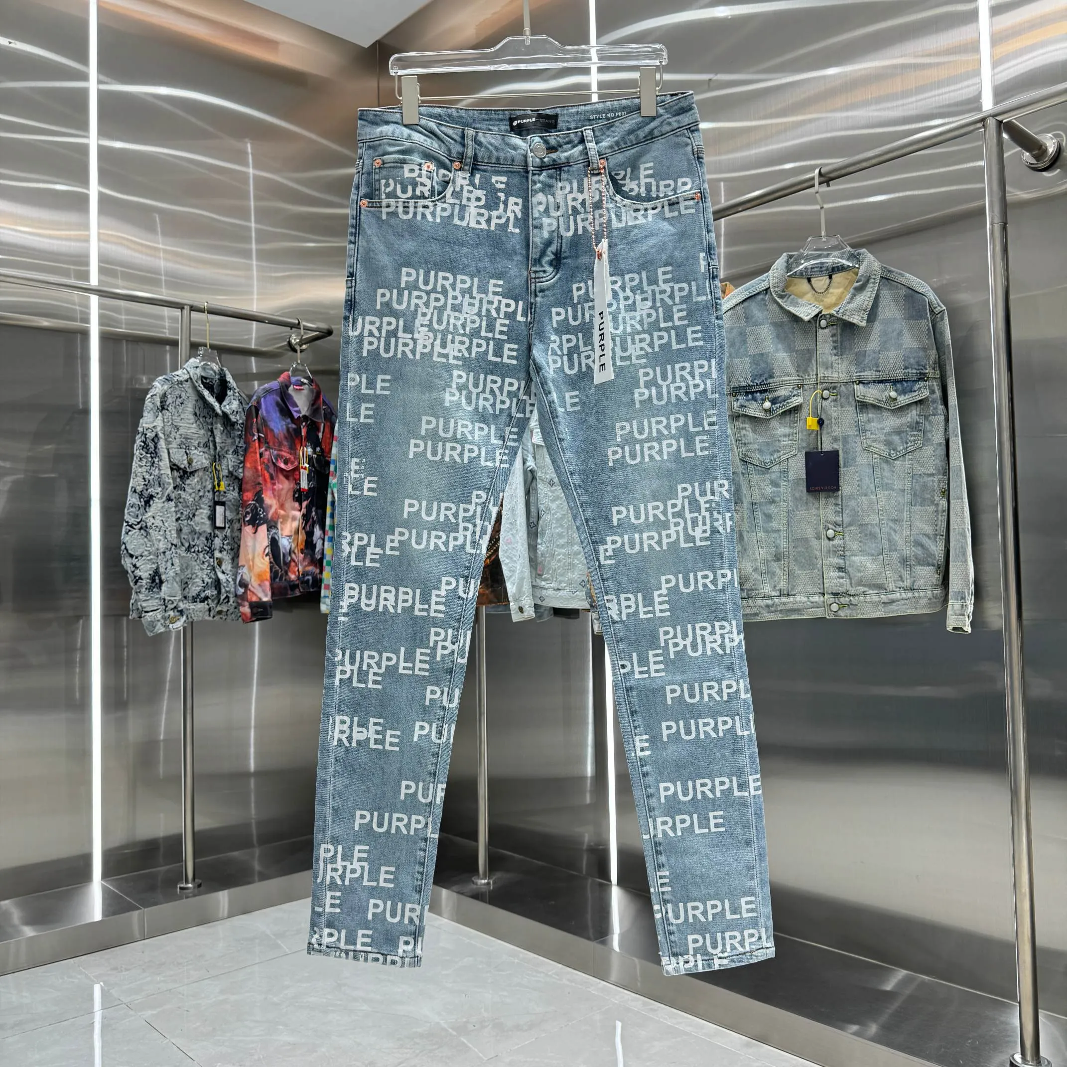 🅿️310 Purple Brand full-print letter craft street fashion slim fit stretch jeans color blue code number 30 32 34 36 38