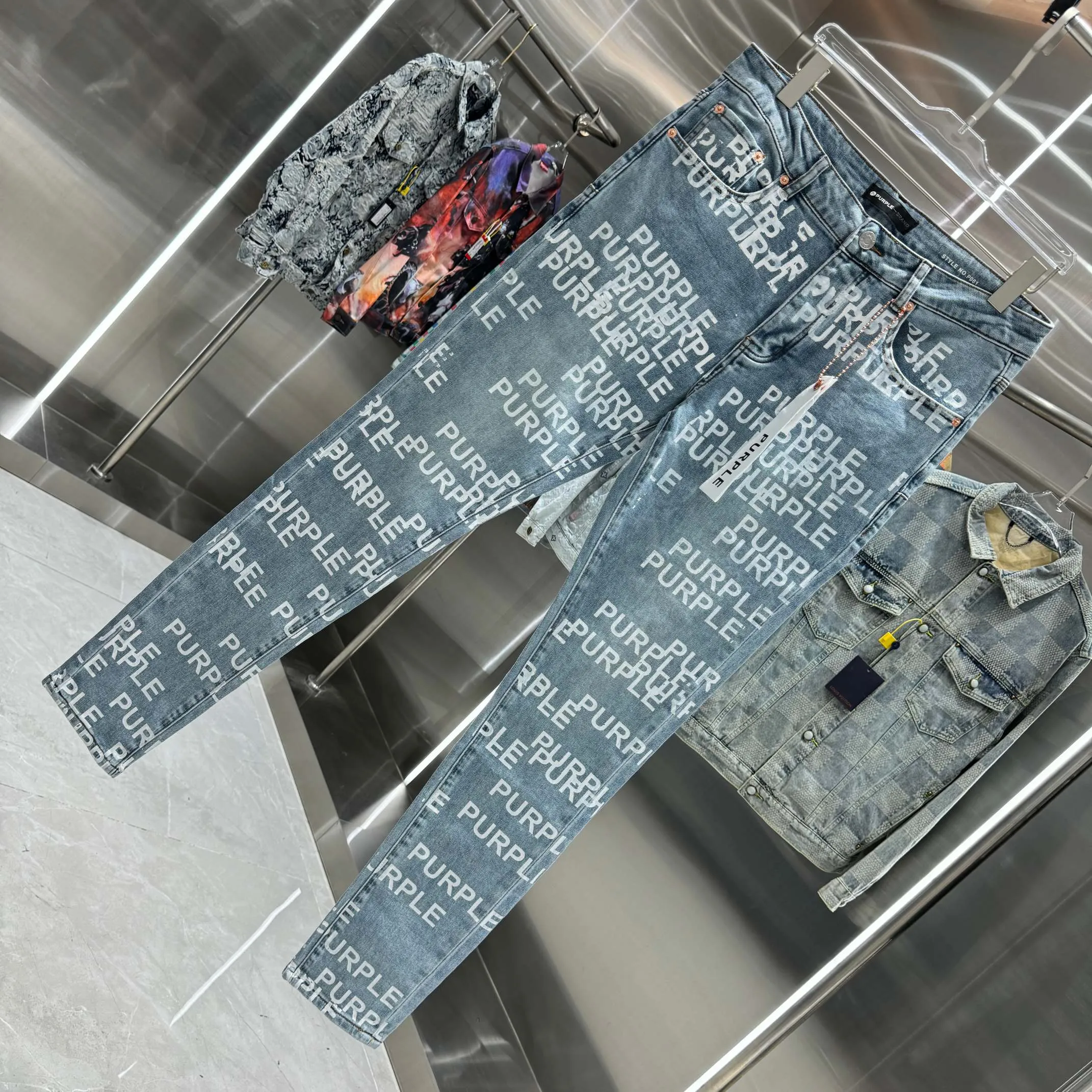 🅿️310 Purple Brand full-print letter craft street fashion slim fit stretch jeans color blue code number 30 32 34 36 38