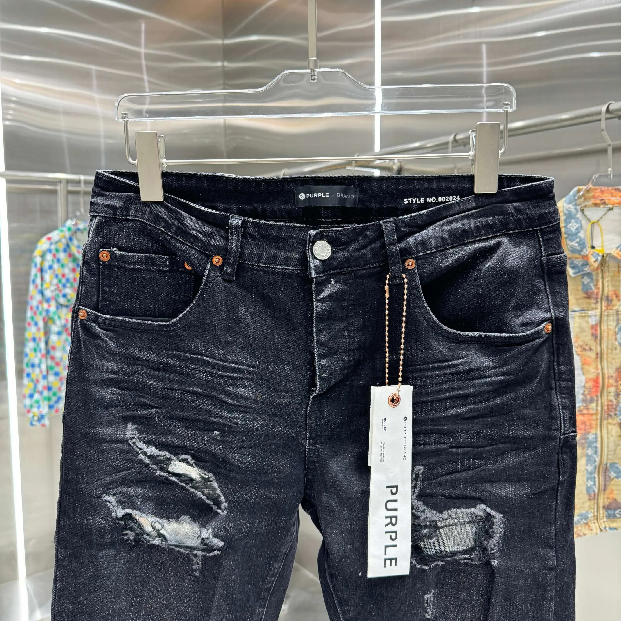 🅿️310 Purple Brand patched hole frayed street fashion slim fit stretch jeans color black code number 30 32 34 36 38