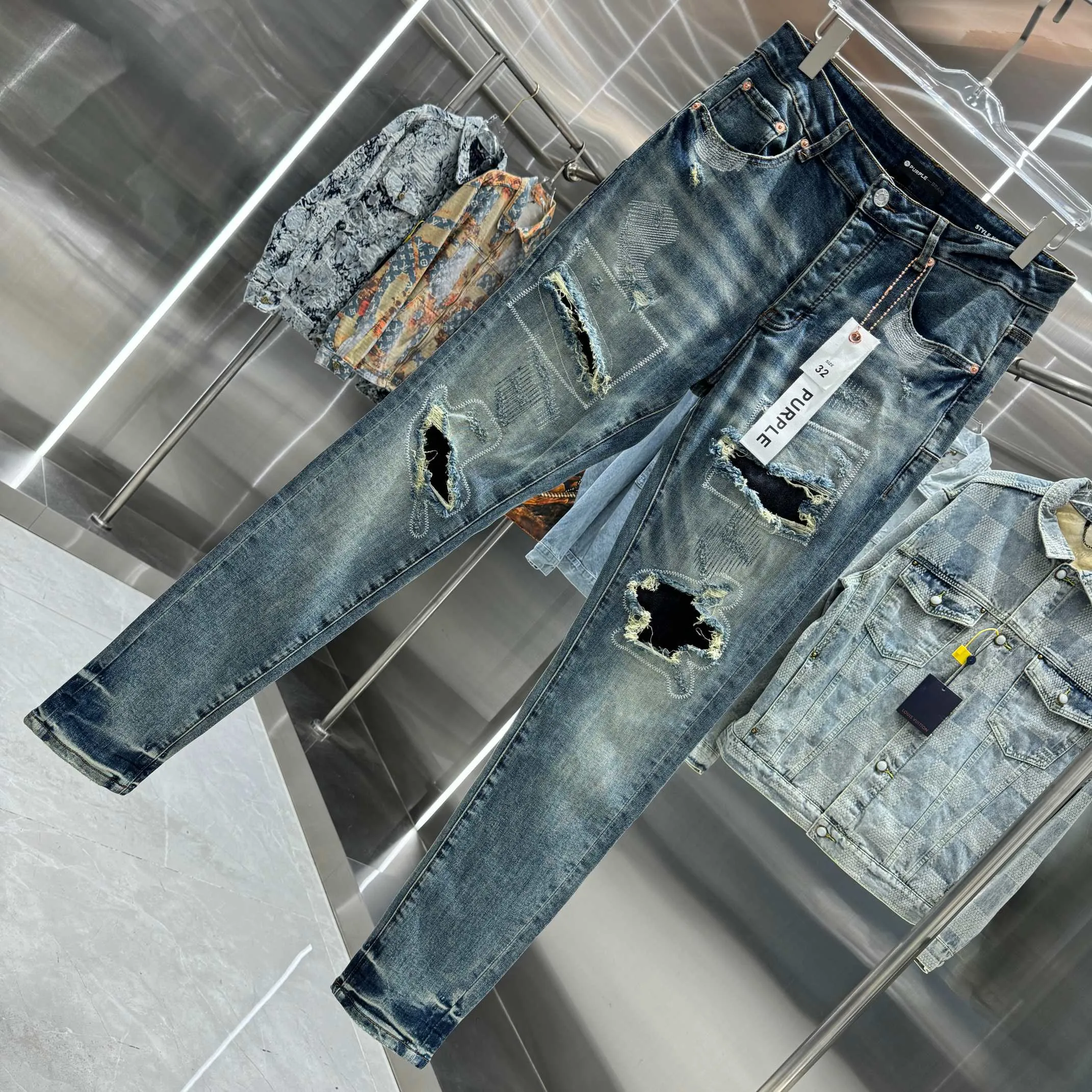 🅿️310 Purple Brand ripped embroidery factory street fashion slim fit stretch jeans color blue code number 30 32 34 36 38