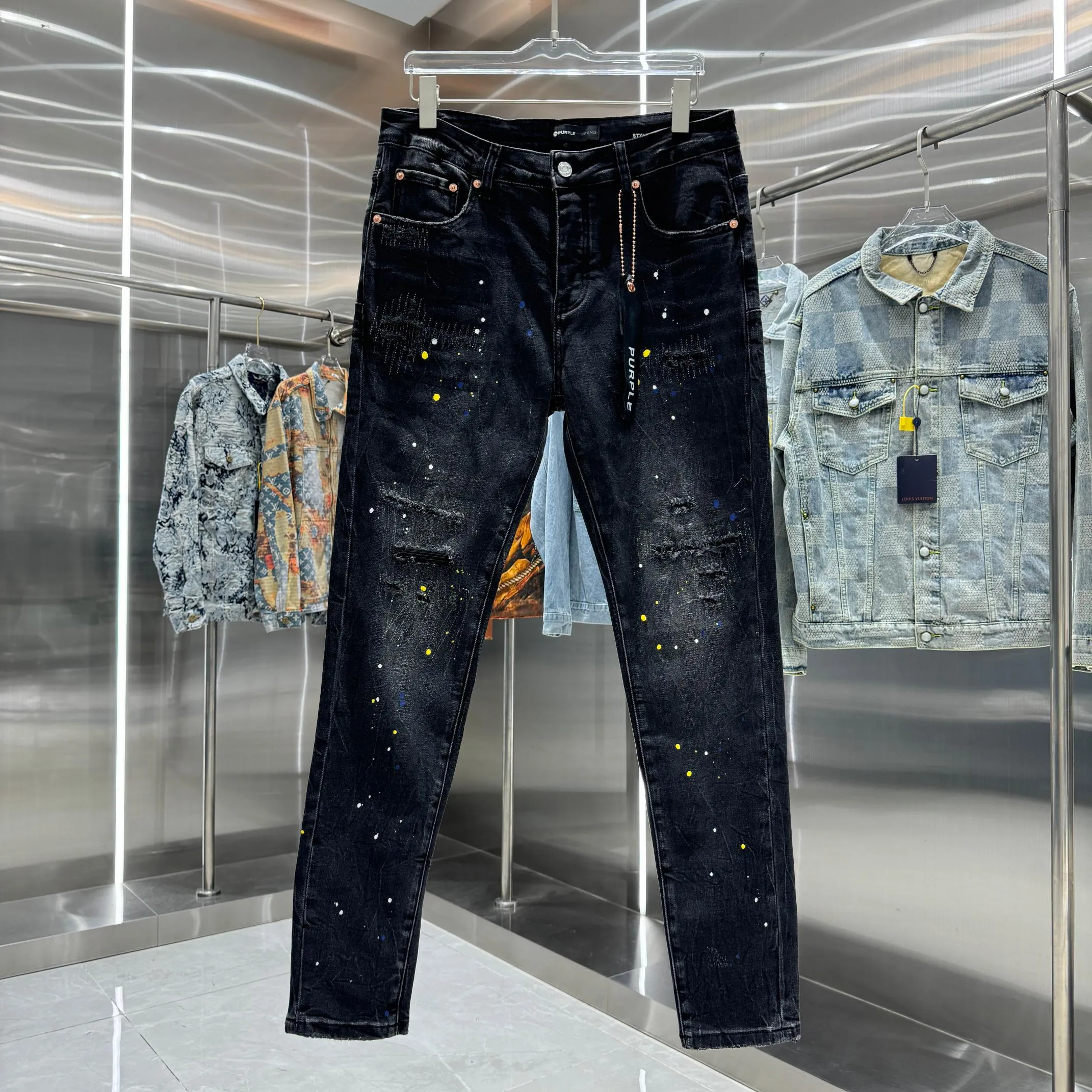 🅿️310 Purple Brand ripped graffiti craft street fashion slim fit stretch jeans Color Black Size 30 32 34 36 38