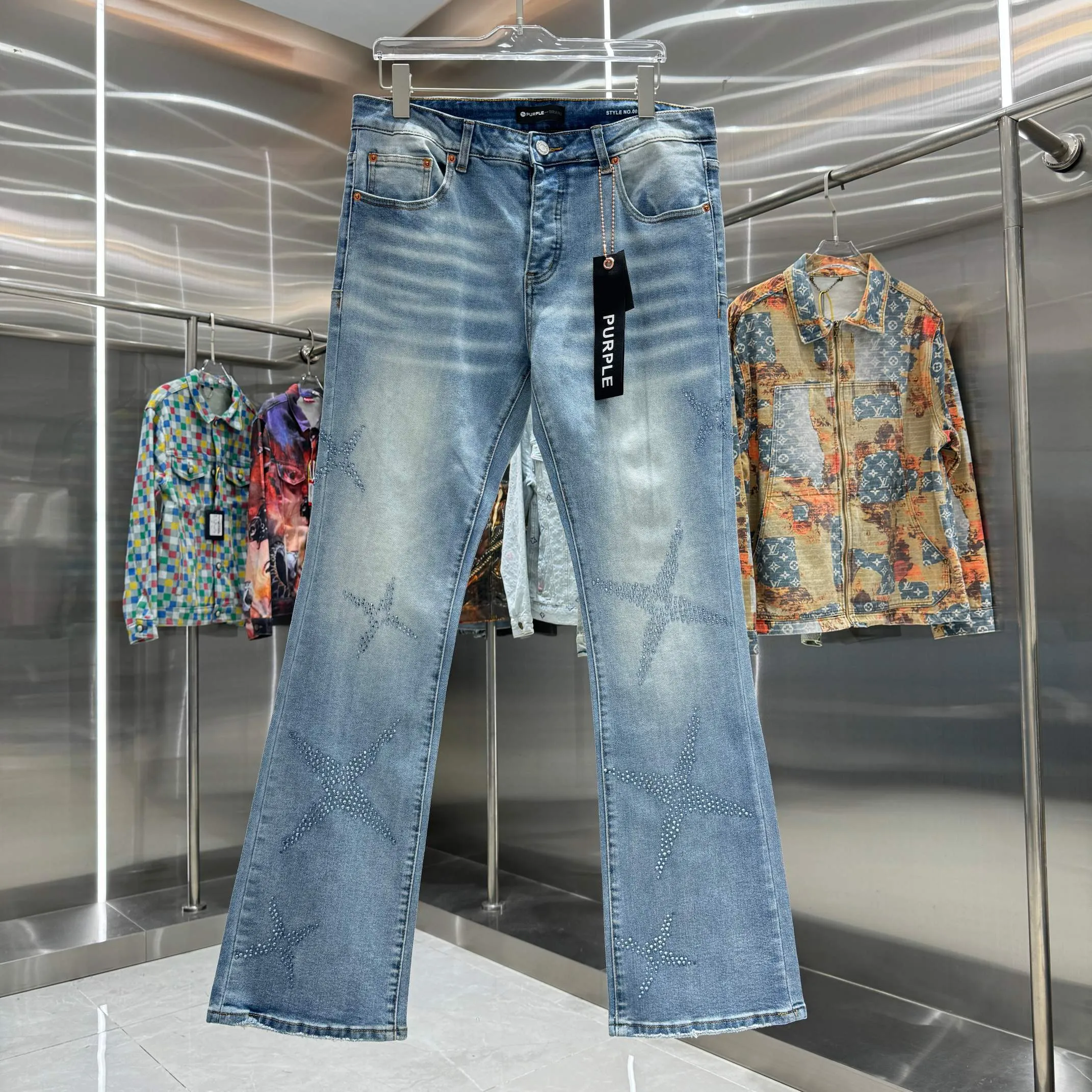 🅿️310 Purple Brand five-pointed star hot diamond craft street style micro-flared stretch jeans Color Light Blue Size 30 32 34 36 38