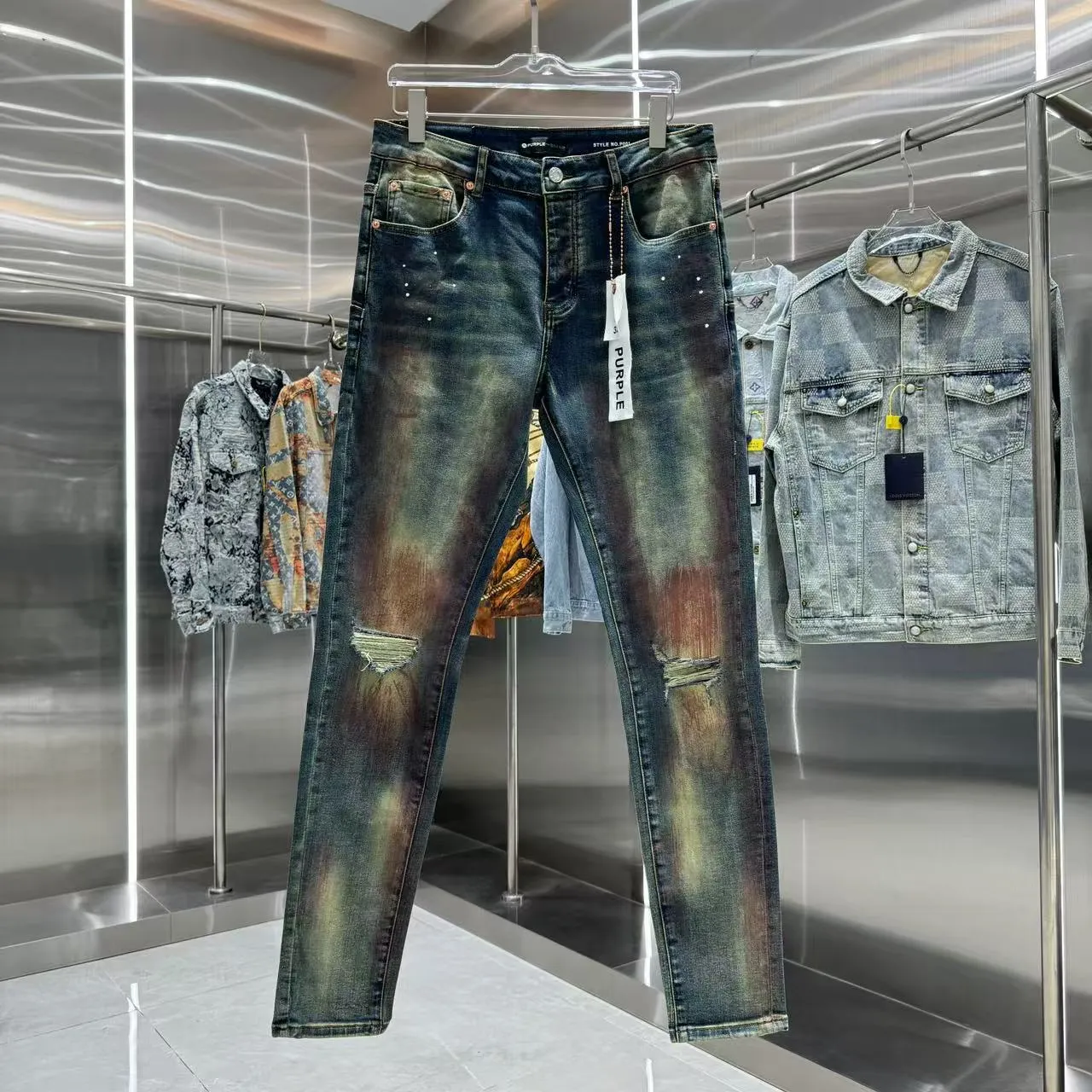 🅿️310 Purple Brand Heavy Washed Hole Graffiti Craft Street Trend Slim Fit Small Foot Stretch Jeans Color Blue Size Number 30 32 34 36 38