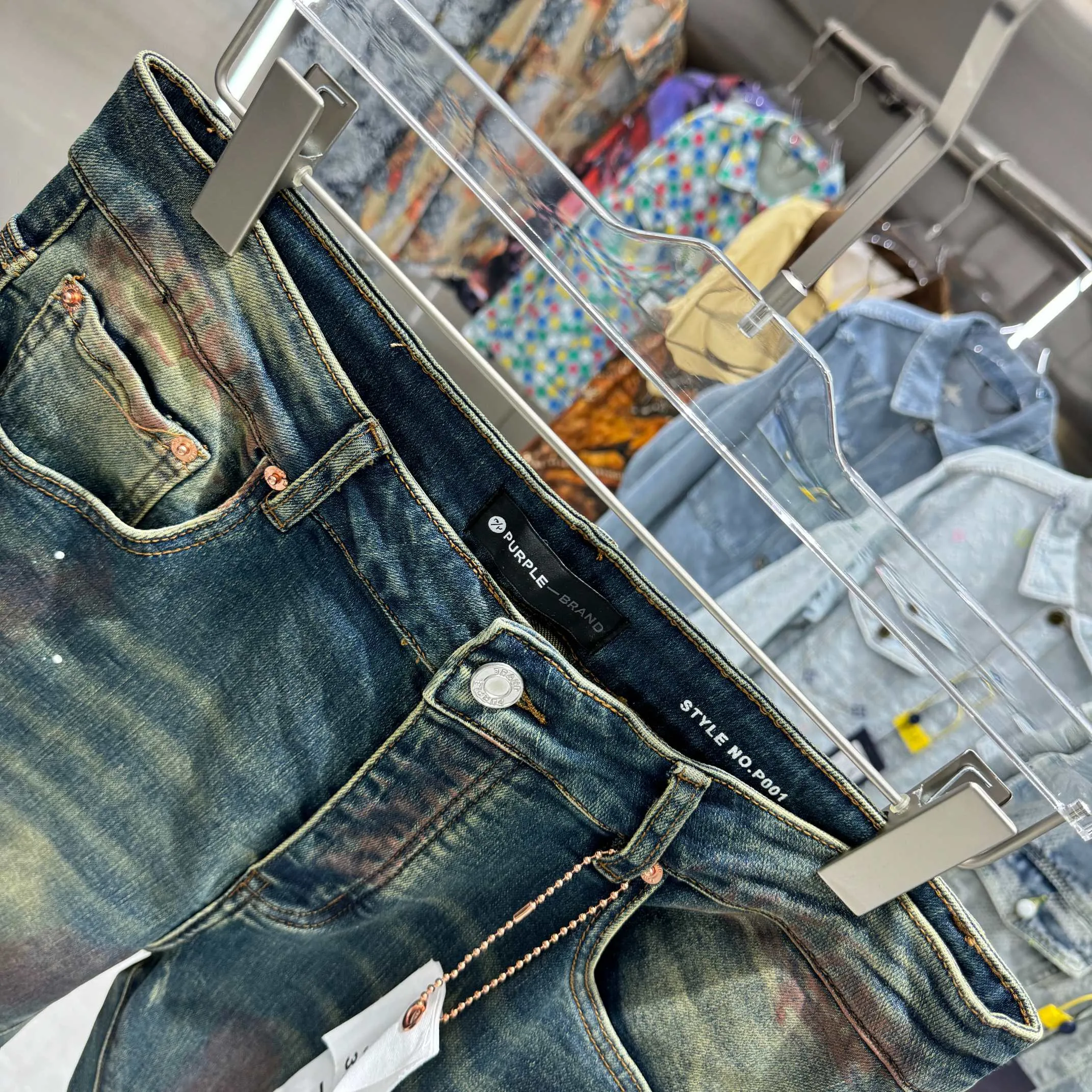 🅿️310 Purple Brand Heavy Washed Hole Graffiti Craft Street Trend Slim Fit Small Foot Stretch Jeans Color Blue Size Number 30 32 34 36 38