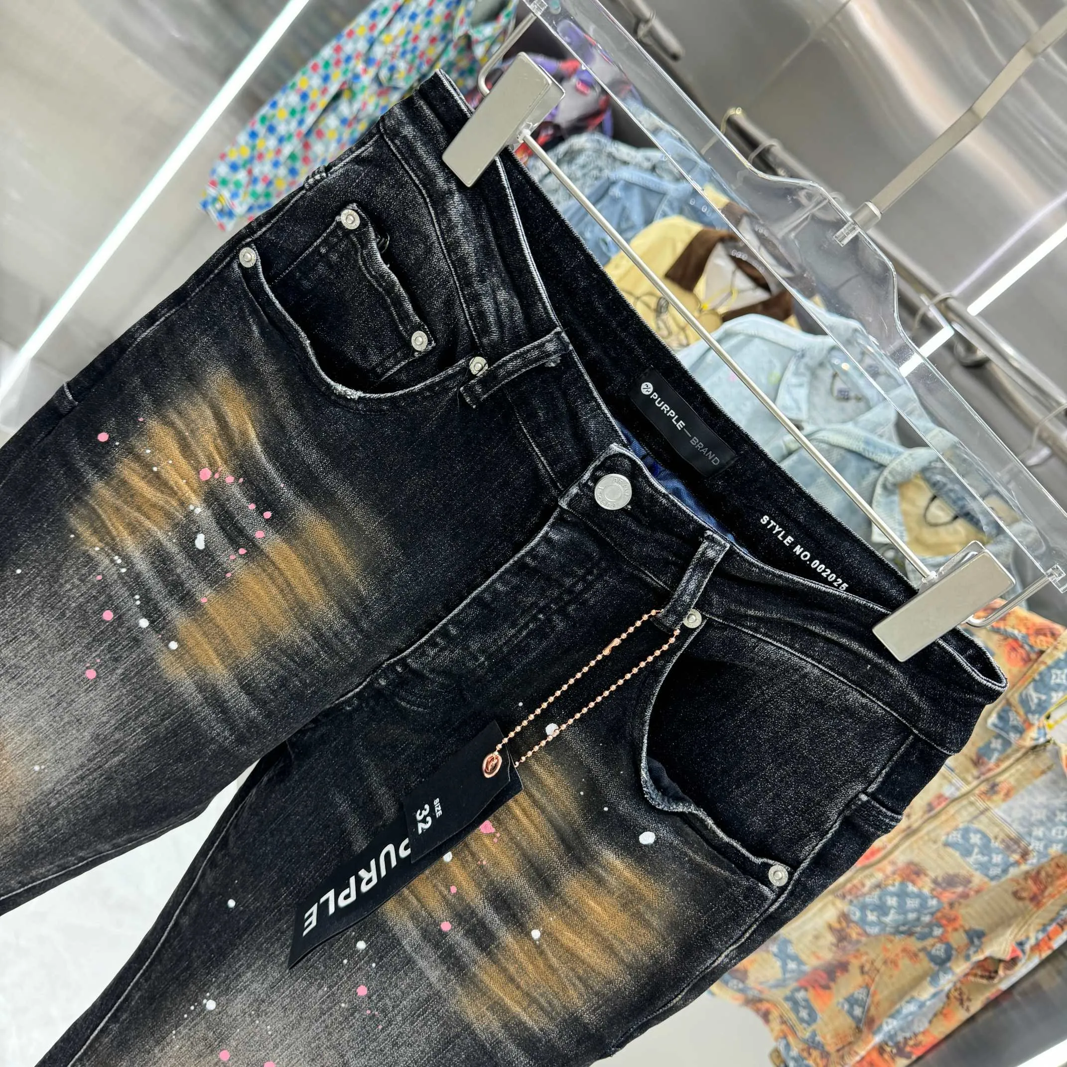 🅿️310 Purple Brand Graffiti Craft Street Trend Slim Fit Small Foot Stretch Jeans Color Black Size 30 32 34 36 38