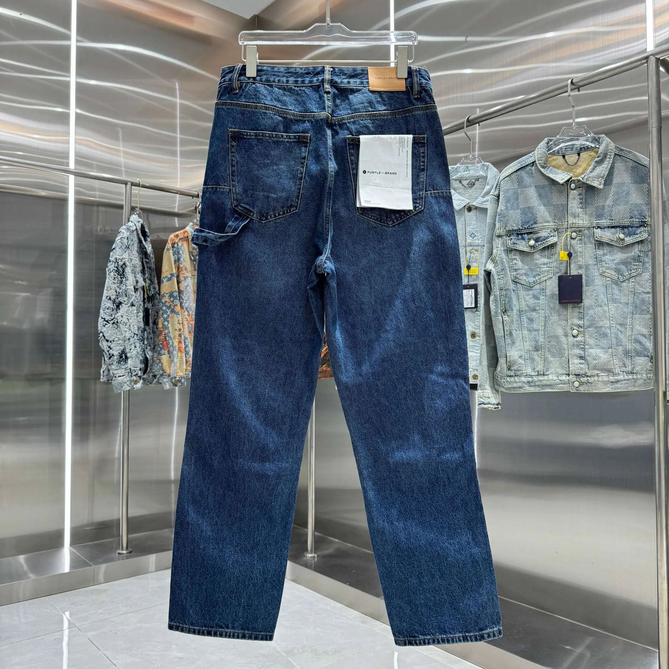 🅿️310 Purple Brand Embossed Letters LOGO Street Trend Loose Straight Jeans Color Dark Blue Size 30 32 34 36 38