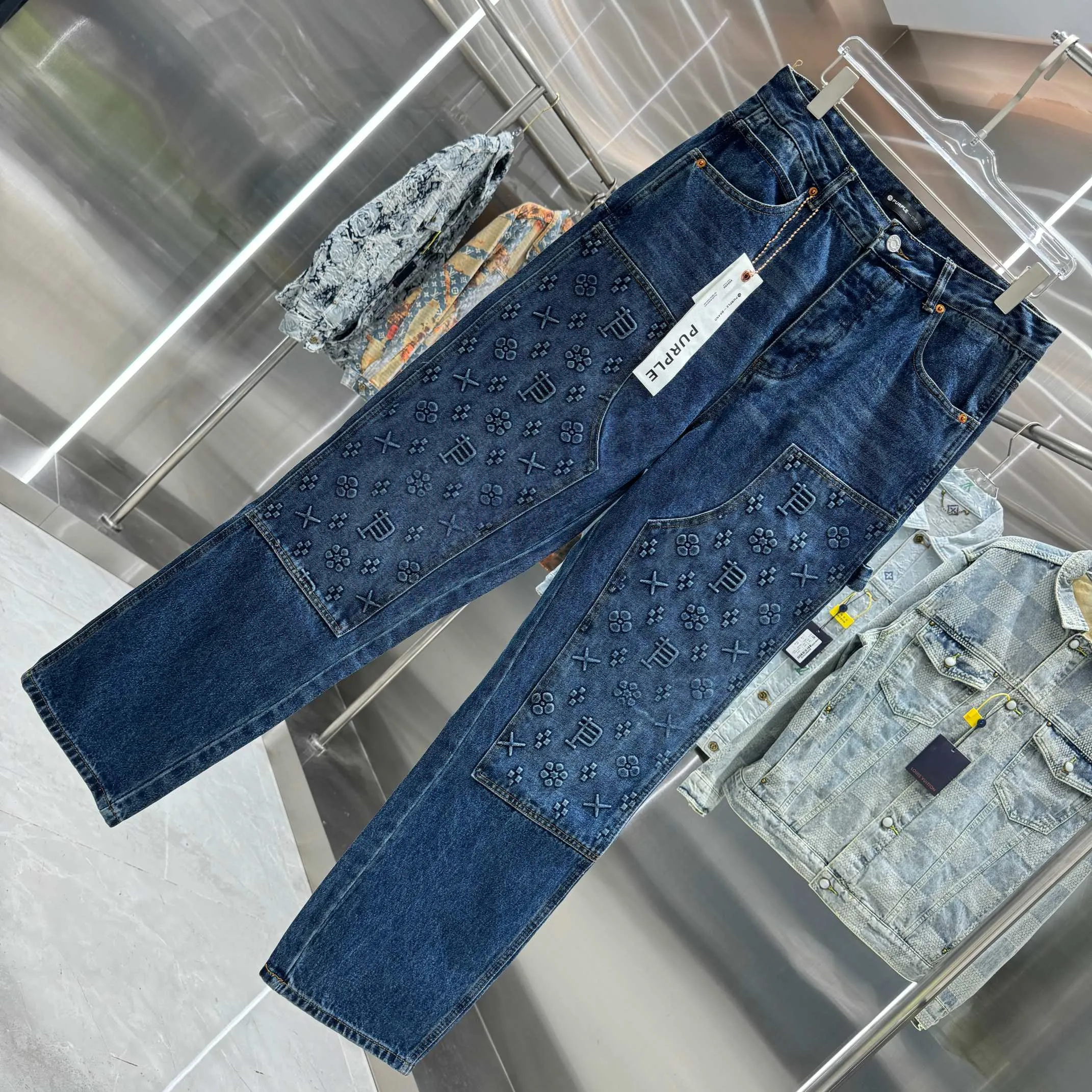 🅿️310 Purple Brand Embossed Letters LOGO Street Trend Loose Straight Jeans Color Dark Blue Size 30 32 34 36 38