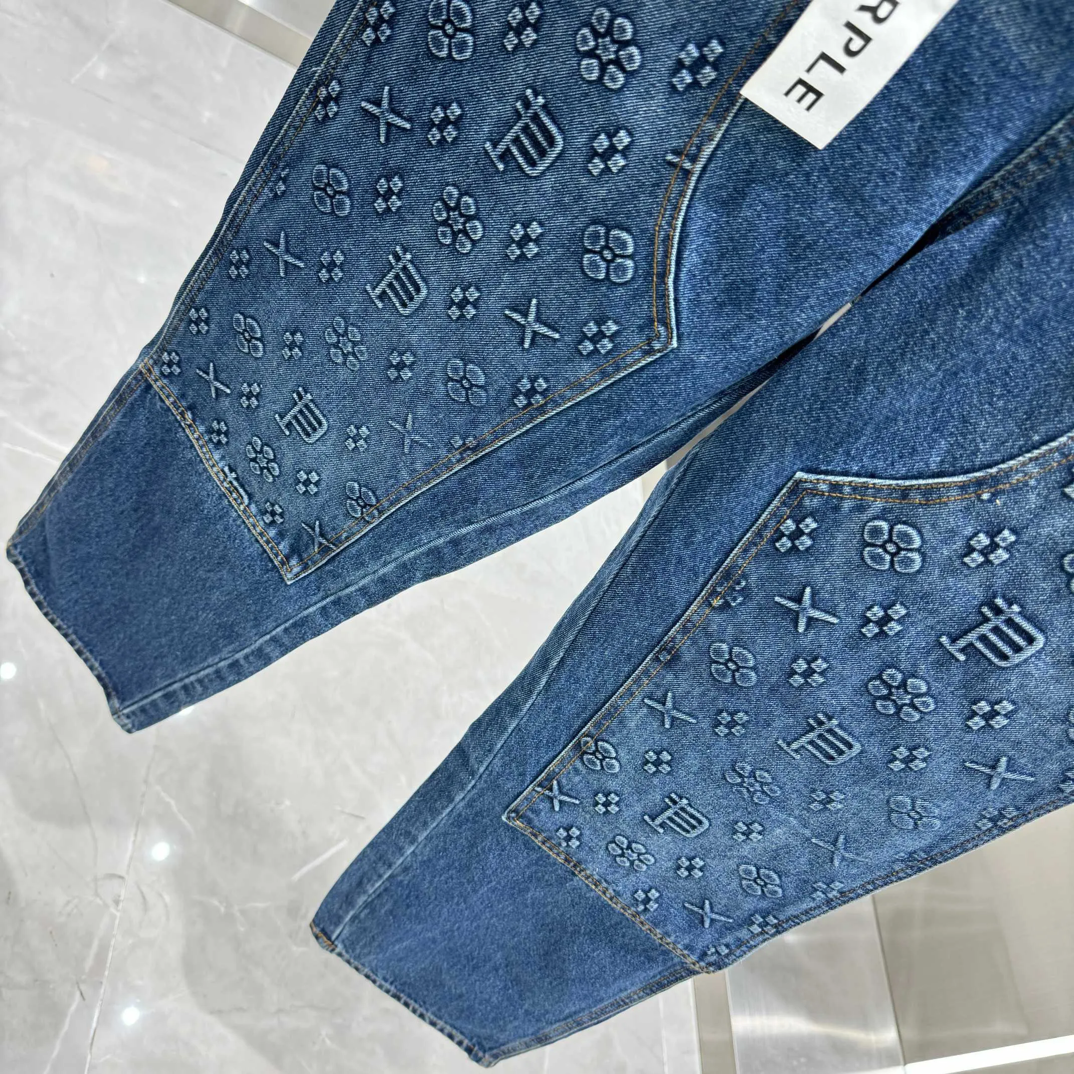 🅿️310 Purple Brand Embossed Letters LOGO Street Trend Loose Straight Jeans Color Dark Blue Size 30 32 34 36 38