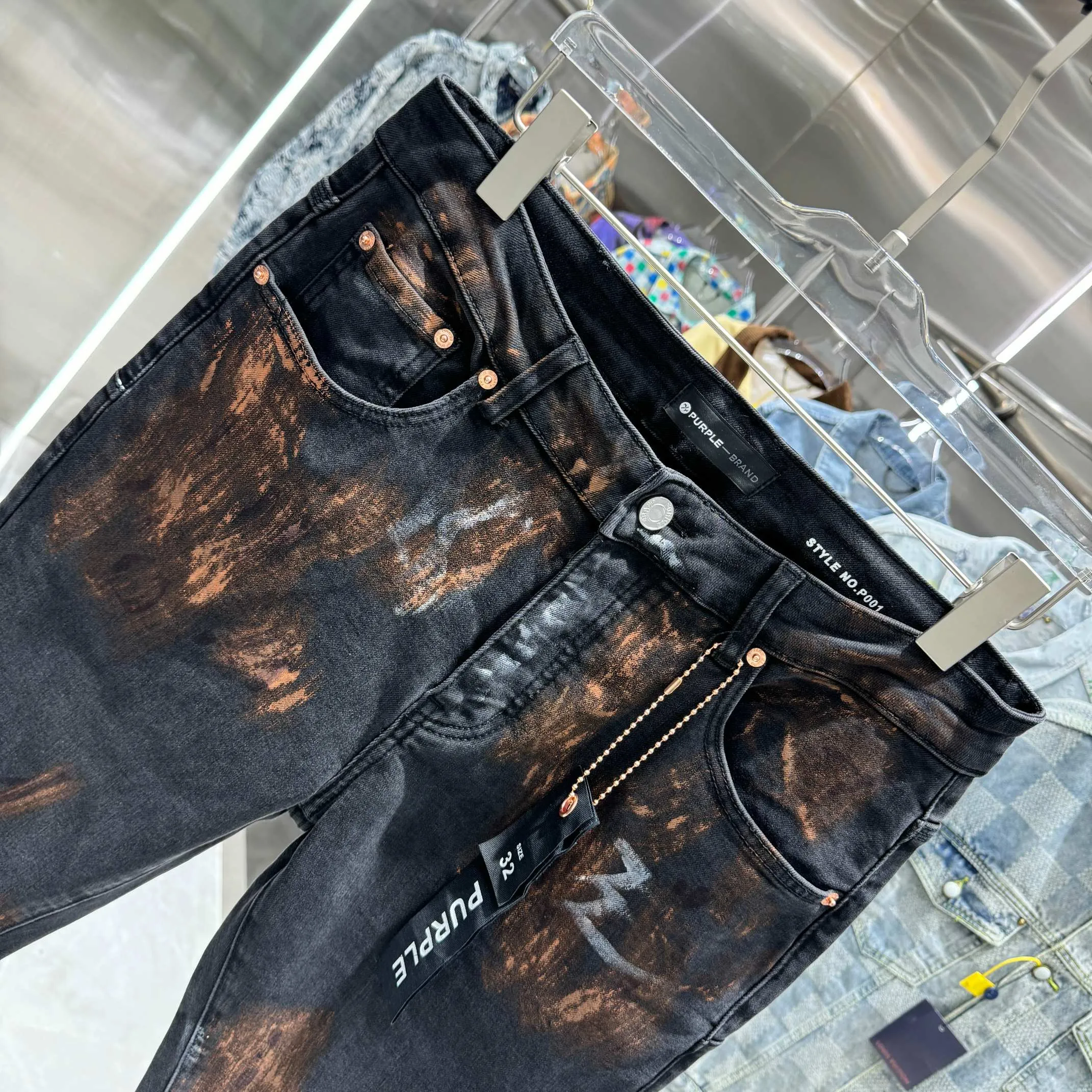 🅿️310 Purple Brand street fashion slim fit stretch jeans with graffiti crafts Color Black Size 30 32 34 36 38