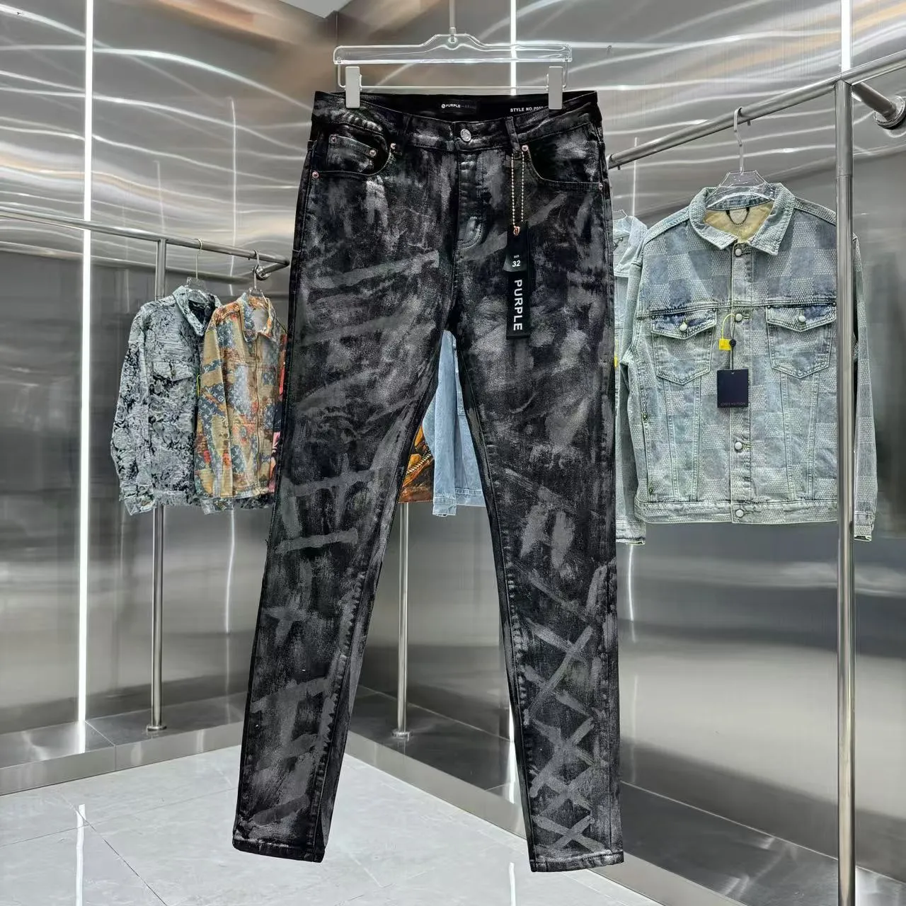 🅿️310 Purple Brand heavy washed graffiti craft street fashion slim fit stretch jeans color black code number 30 32 34 36 38