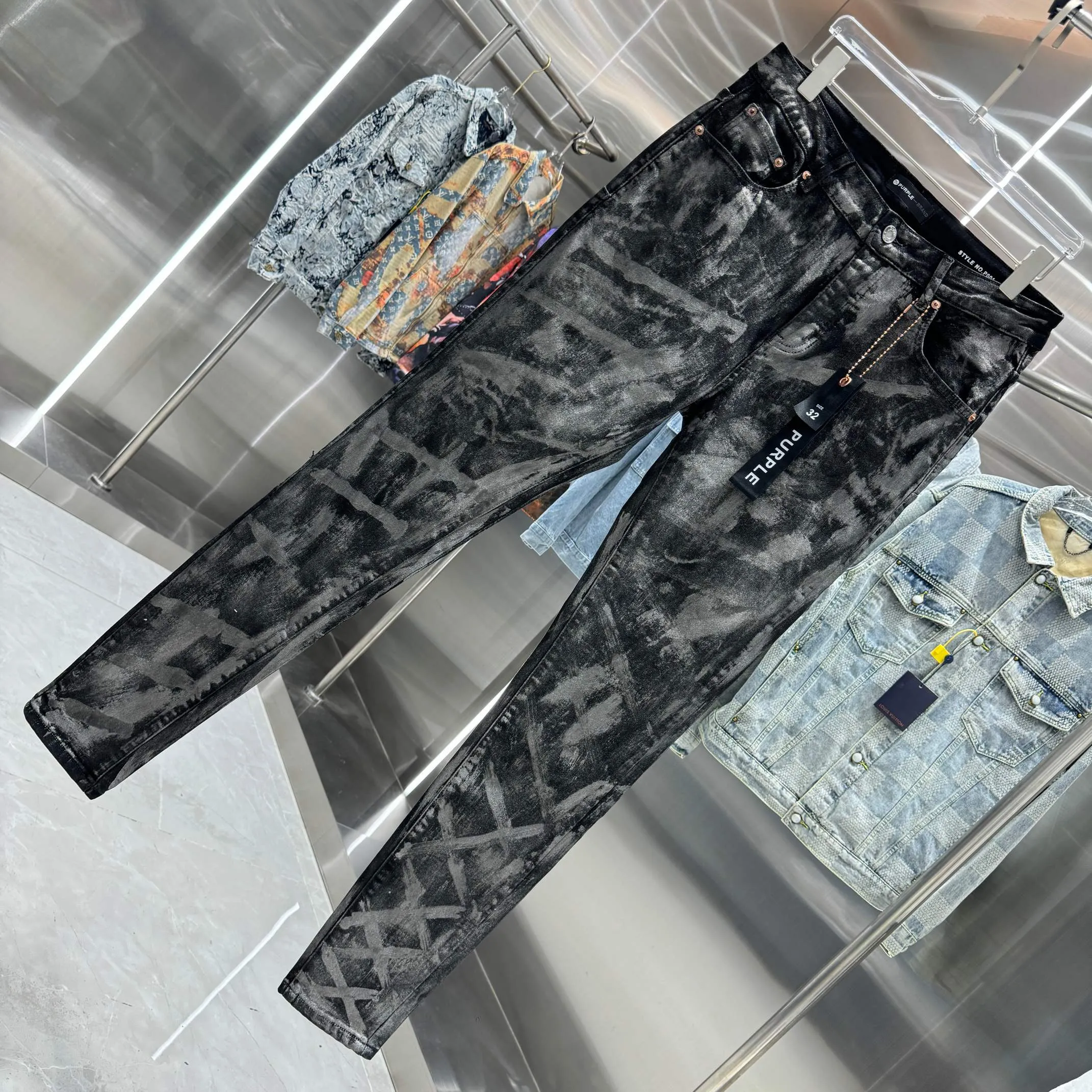 🅿️310 Purple Brand heavy washed graffiti craft street fashion slim fit stretch jeans color black code number 30 32 34 36 38