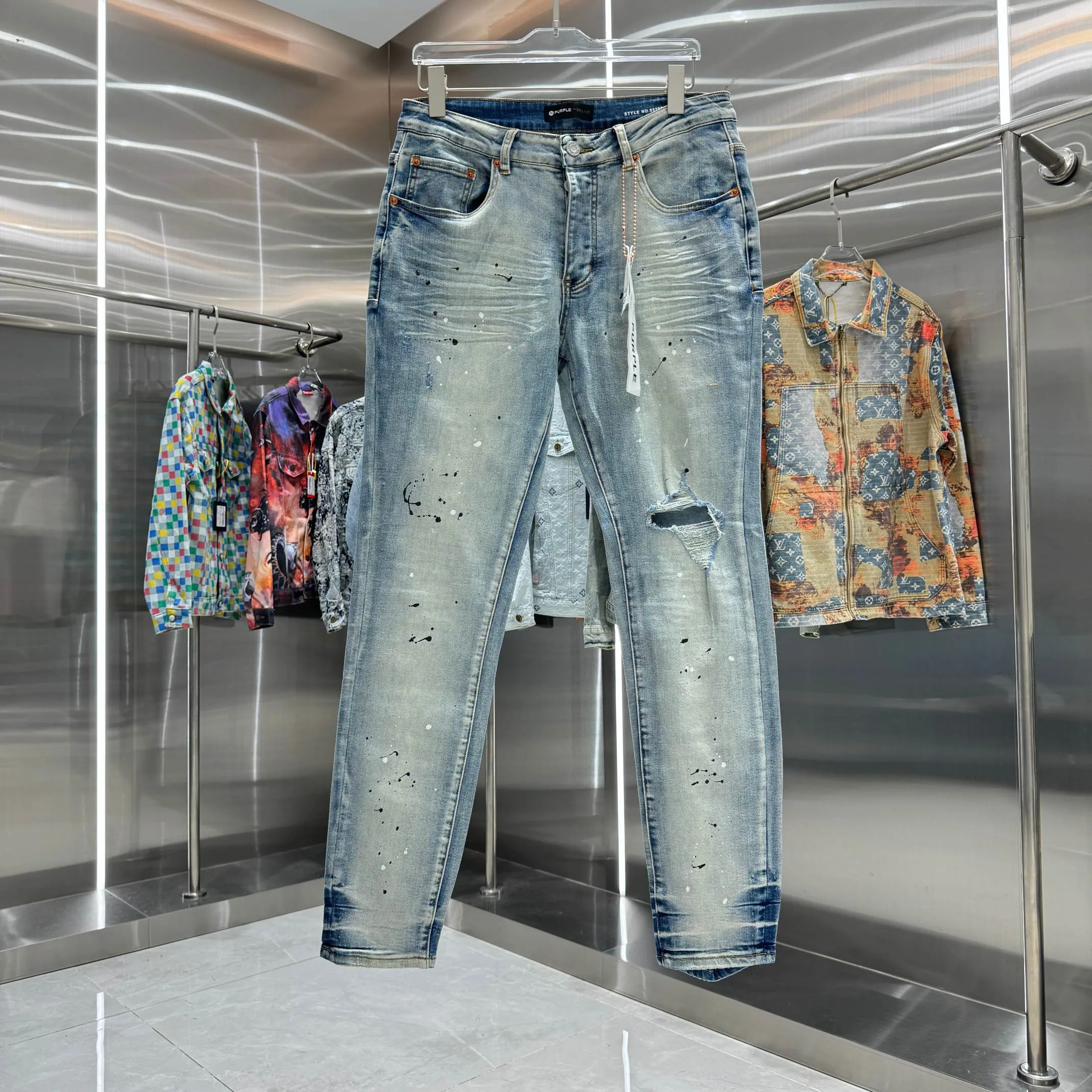 🅿️310 Purple Brand ripped graffiti craft street fashion slim fit stretch jeans color blue code number 30 32 34 36 38
