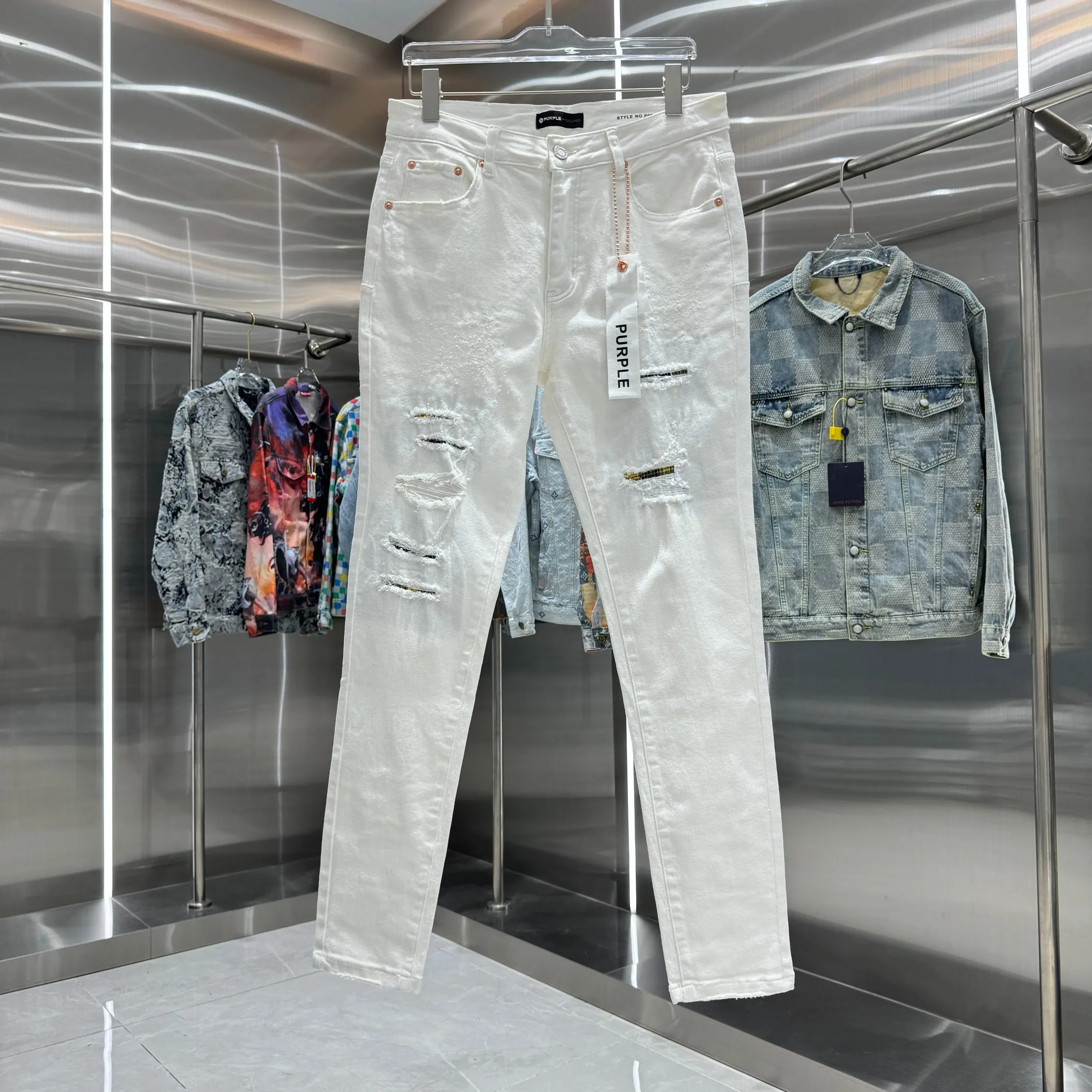 🅿️310 Purple Brand ripped craft street fashion slim fit stretch jeans color white code number 30 32 34 36 38