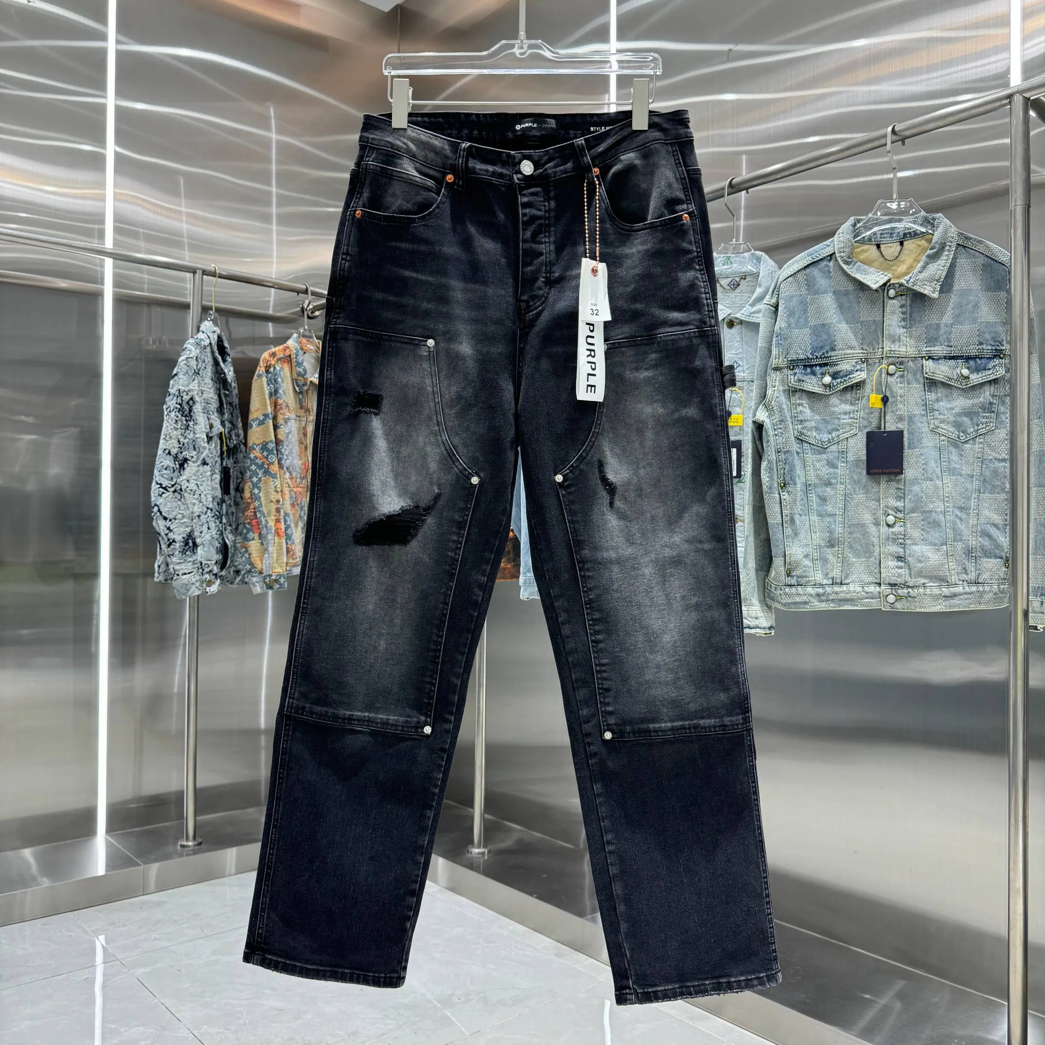 🅿️320 Purple Brand ripped workwear street fashion loose straight jeans Color Black Size 30 32 34 36 38