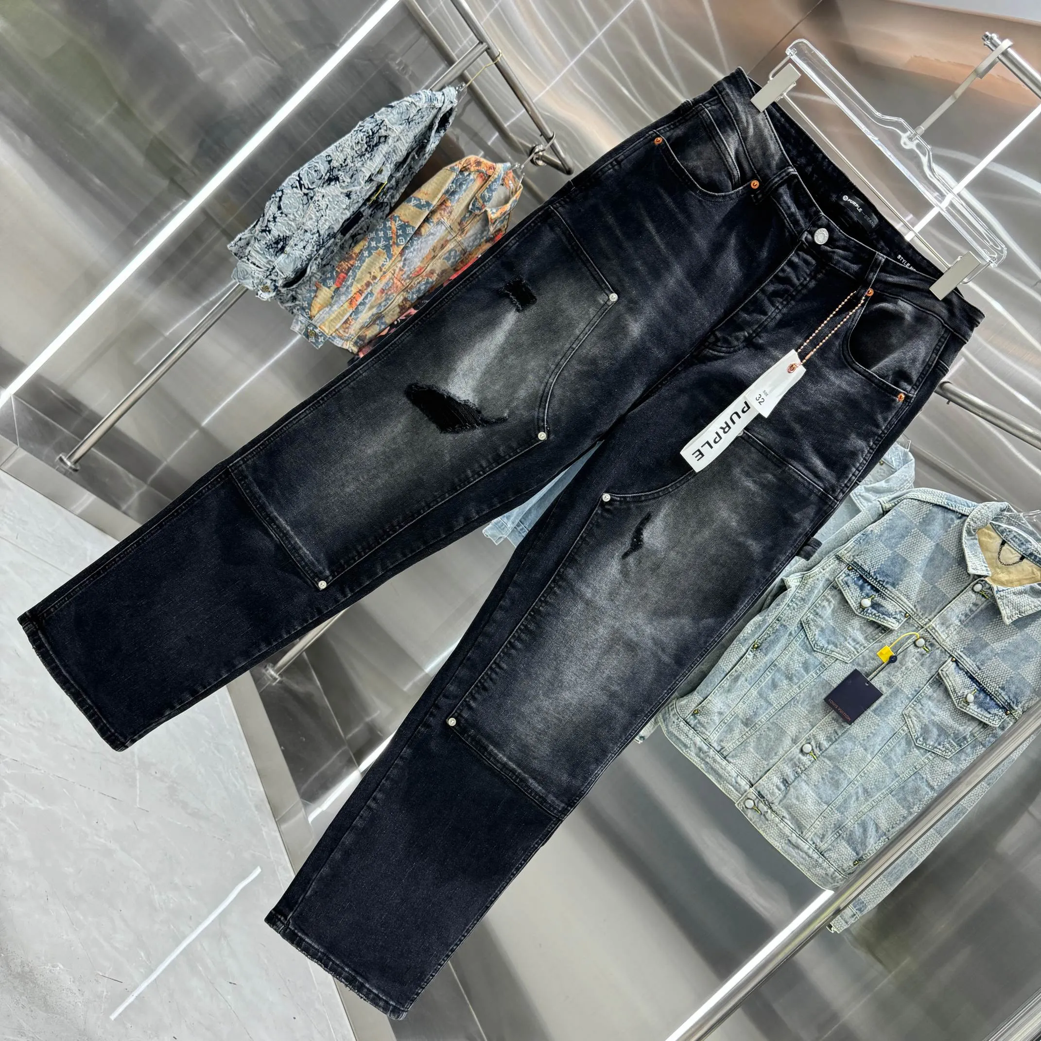 🅿️320 Purple Brand ripped workwear street fashion loose straight jeans Color Black Size 30 32 34 36 38