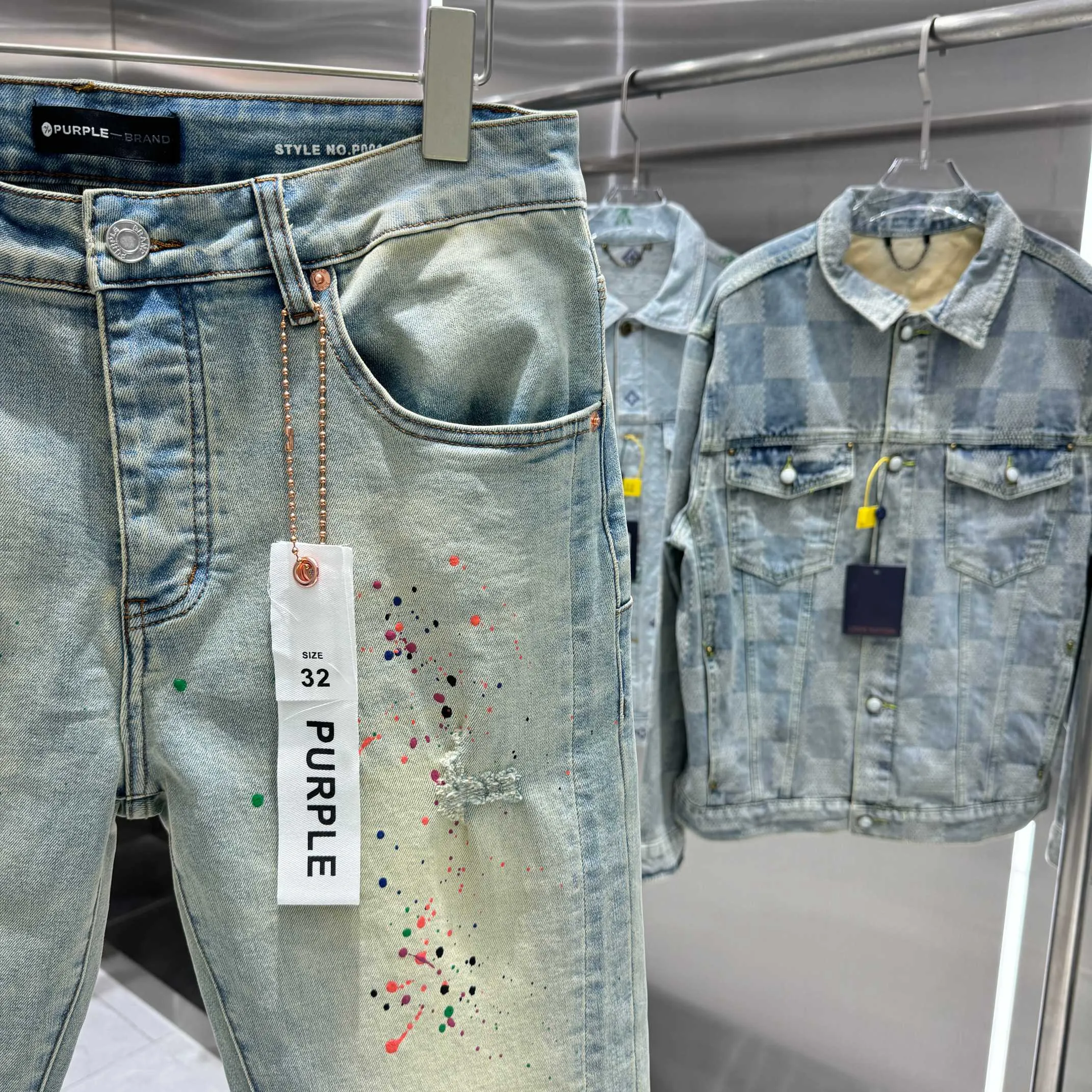 🅿️310 Purple Brand colorful graffiti ripped street fashion style slim fit stretch jeans color blue code number 30 32 34 36 38