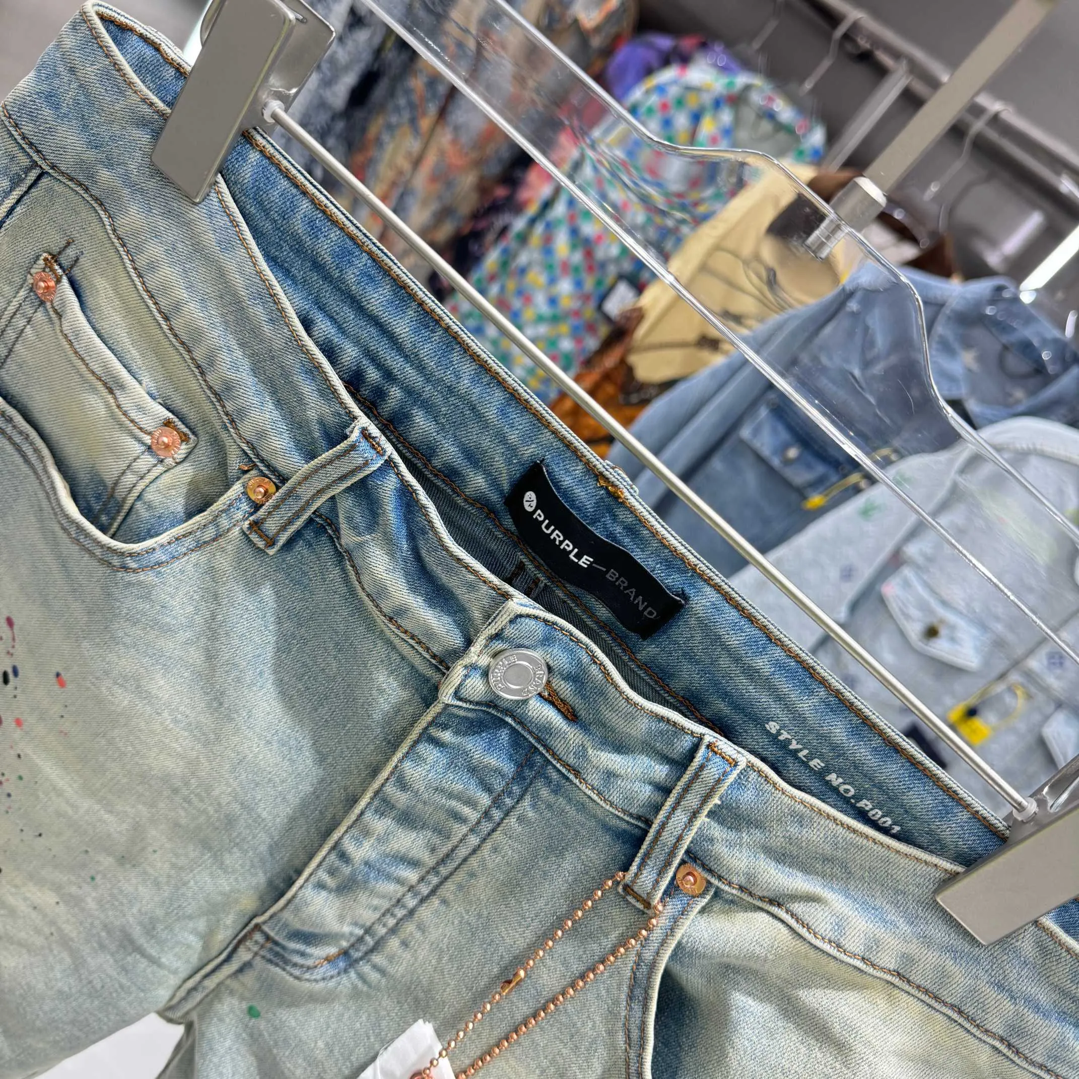 🅿️310 Purple Brand colorful graffiti ripped street fashion style slim fit stretch jeans color blue code number 30 32 34 36 38