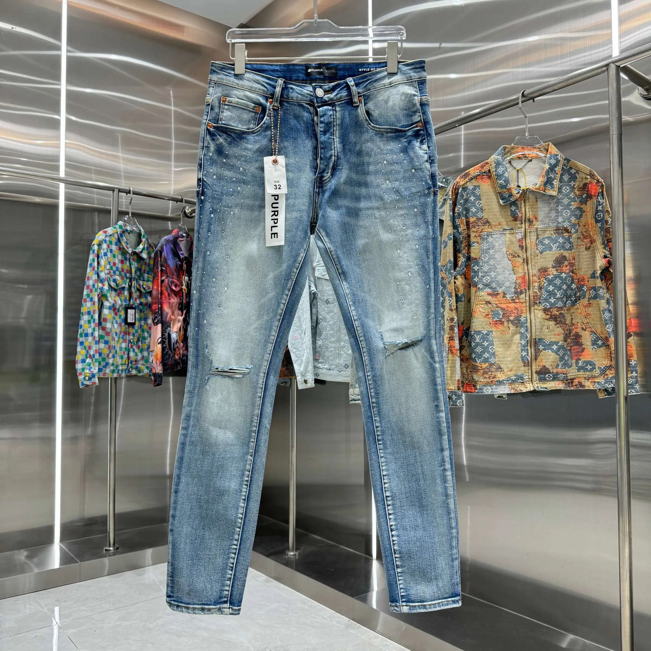 🅿️310 Purple Brand Hole Hot Drilling Street Fashion Slim Fit Stretch Jeans Color Blue Size 30 32 34 36 38