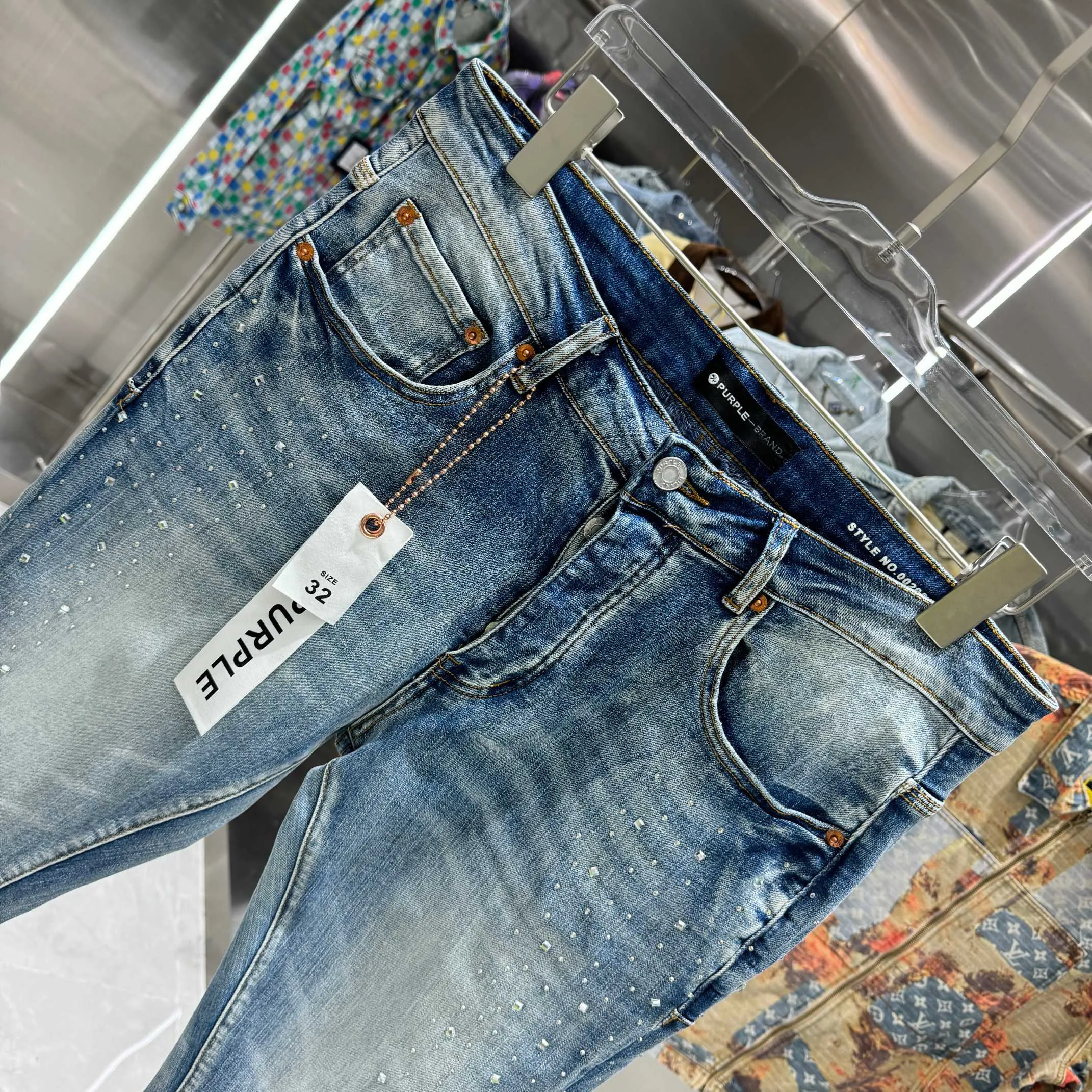 🅿️310 Purple Brand Hole Hot Drilling Street Fashion Slim Fit Stretch Jeans Color Blue Size 30 32 34 36 38