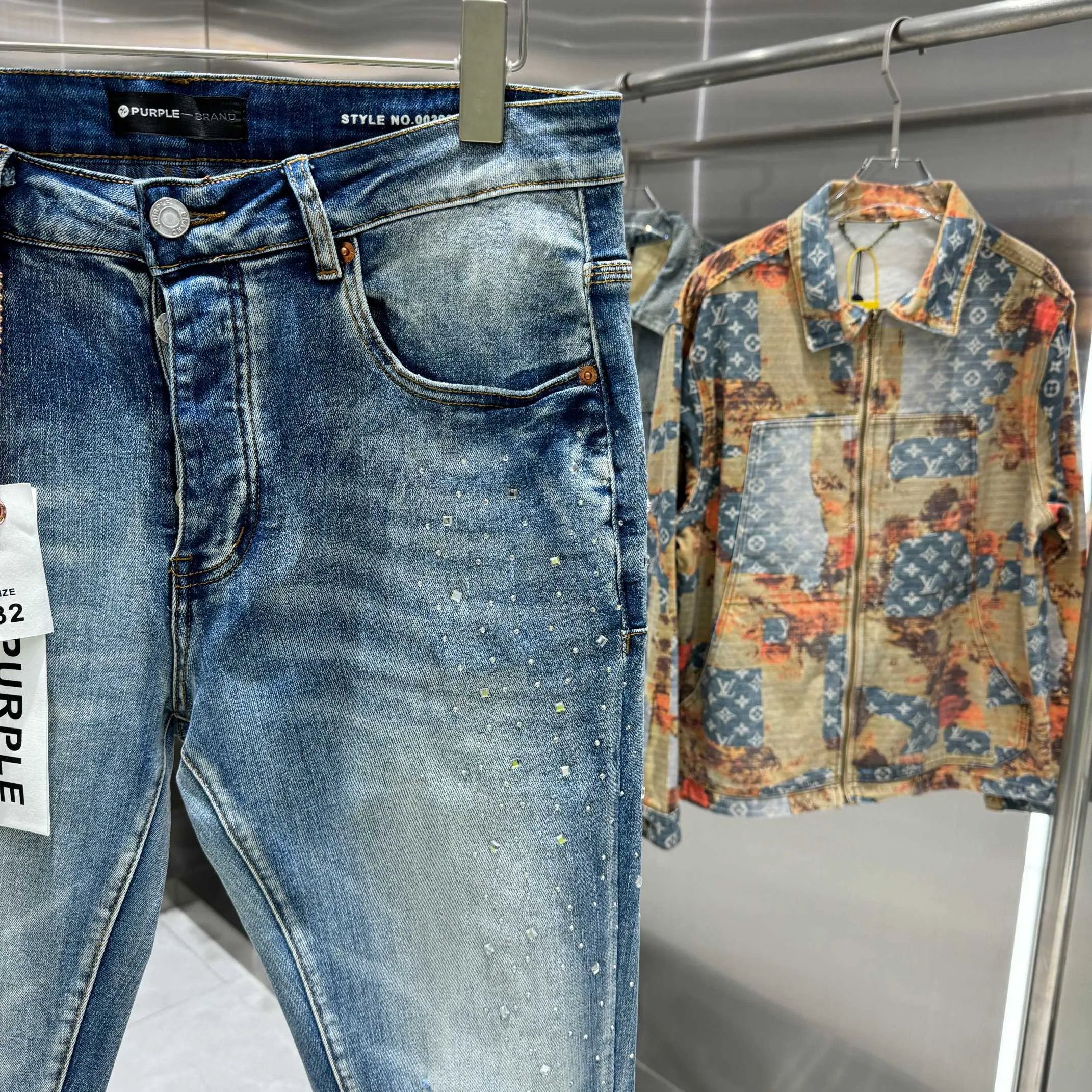 🅿️310 Purple Brand Hole Hot Drilling Street Fashion Slim Fit Stretch Jeans Color Blue Size 30 32 34 36 38