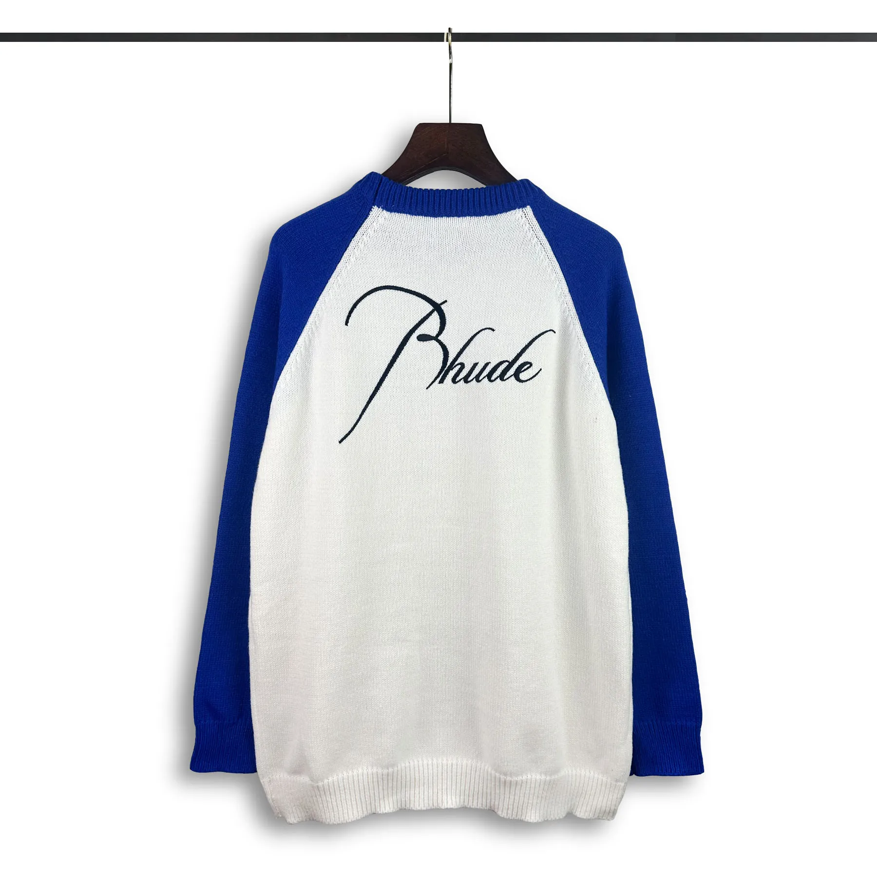 P240 Rhude new embroidered patchwork contrasting color loose sweater Color: blue and white brown and white Size: M L XL XXL