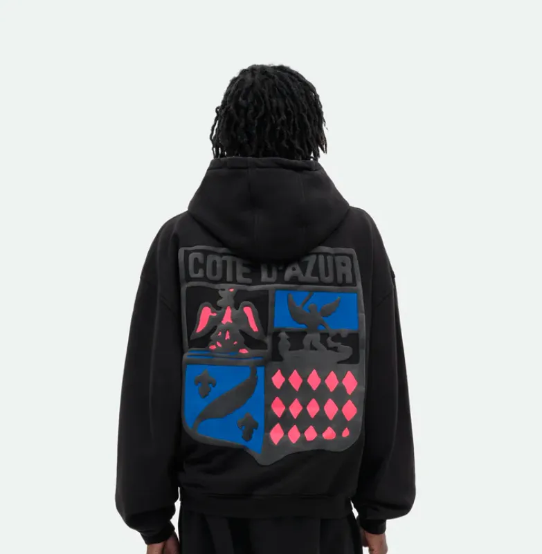 Style No.: 8887 P246 RHUDE New American high street men's and women's street fashion loose hooded sweatshirt. Foam printing technology + using pure cotton terry brushed technology fabric 450 grams. Heavy upper body three-dimensional fluffy size: (S-M-L-XL) Color: black