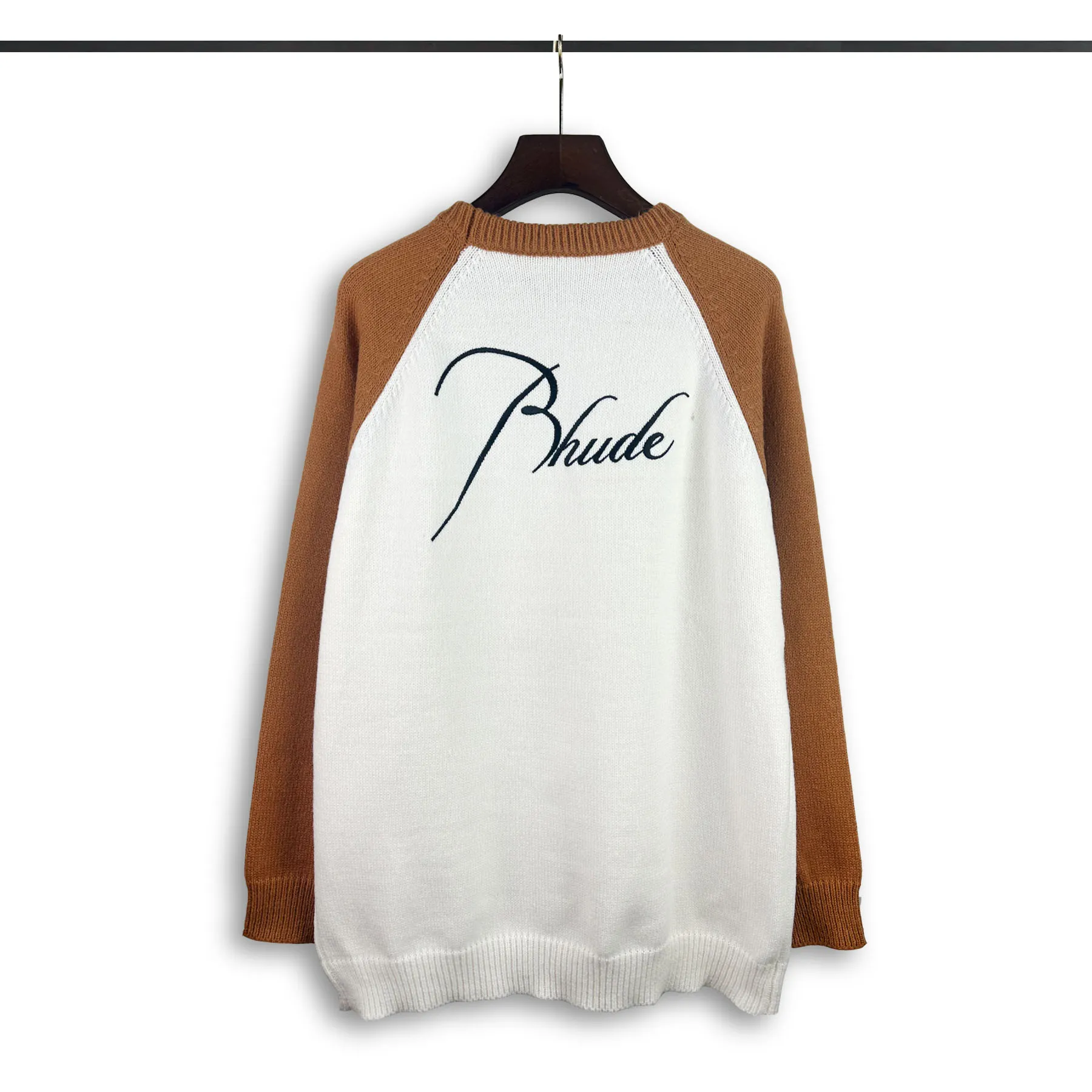 P240 Rhude new embroidered patchwork contrasting color loose sweater Color: blue and white brown and white Size: M L XL XXL