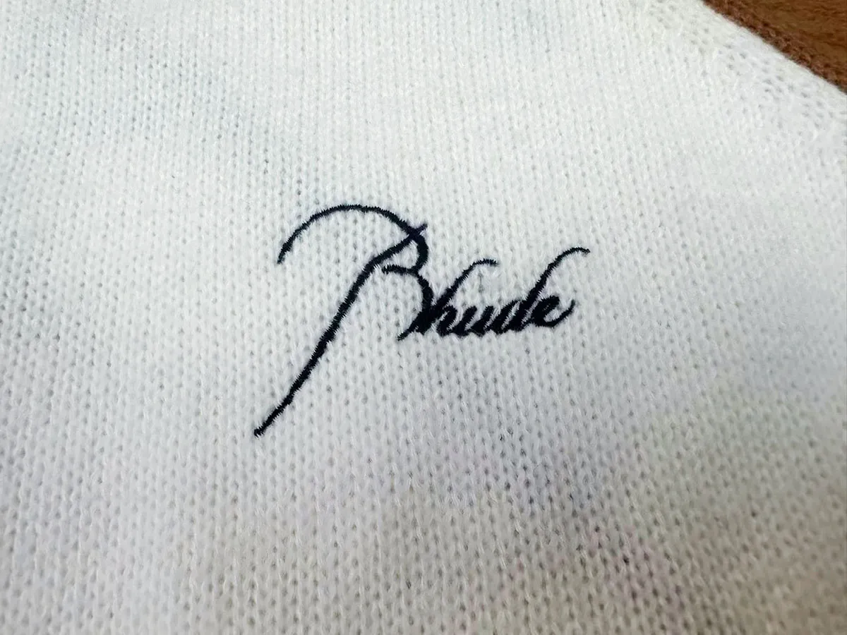 P240 Rhude new embroidered patchwork contrasting color loose sweater Color: blue and white brown and white Size: M L XL XXL