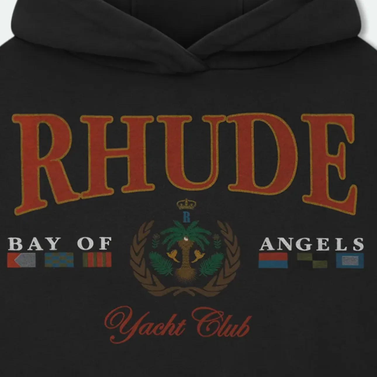 Style No.: 8890 P260 RHUDE New American high street loose washed hooded sweatshirt for men and women Multi-color glue printing technology + Made of pure cotton washed terry brushed fabric 450g Heavy upper body three-dimensional fluffy Size: (S-M-L-XL) Color: Washed navy blue