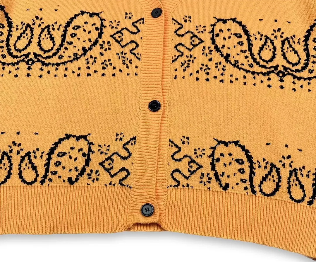 P370 Rhude beautiful cashew flower jacquard cardigan sweater Color: yellow red Size: M L XL XXL
