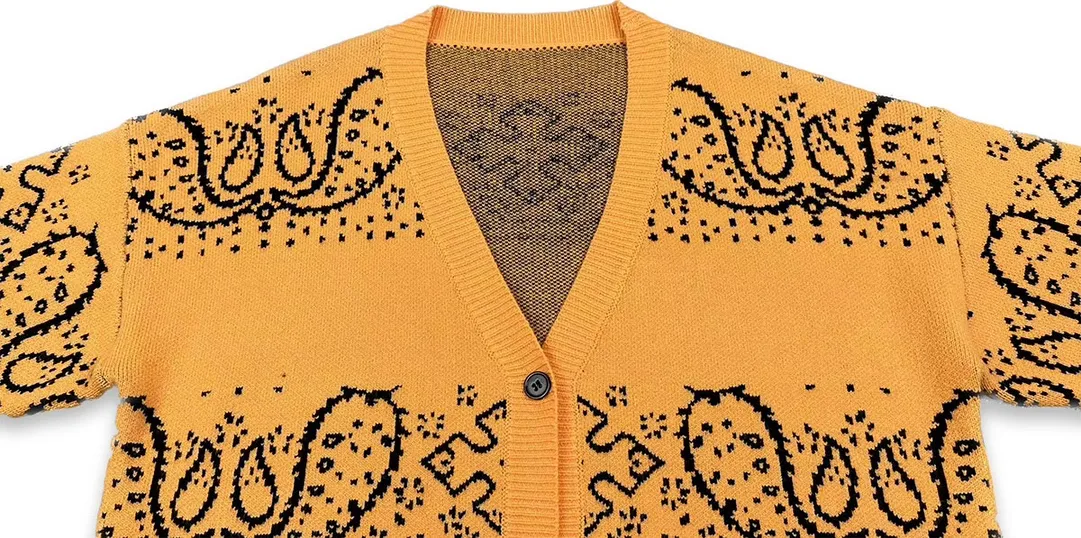 P370 Rhude beautiful cashew flower jacquard cardigan sweater Color: yellow red Size: M L XL XXL