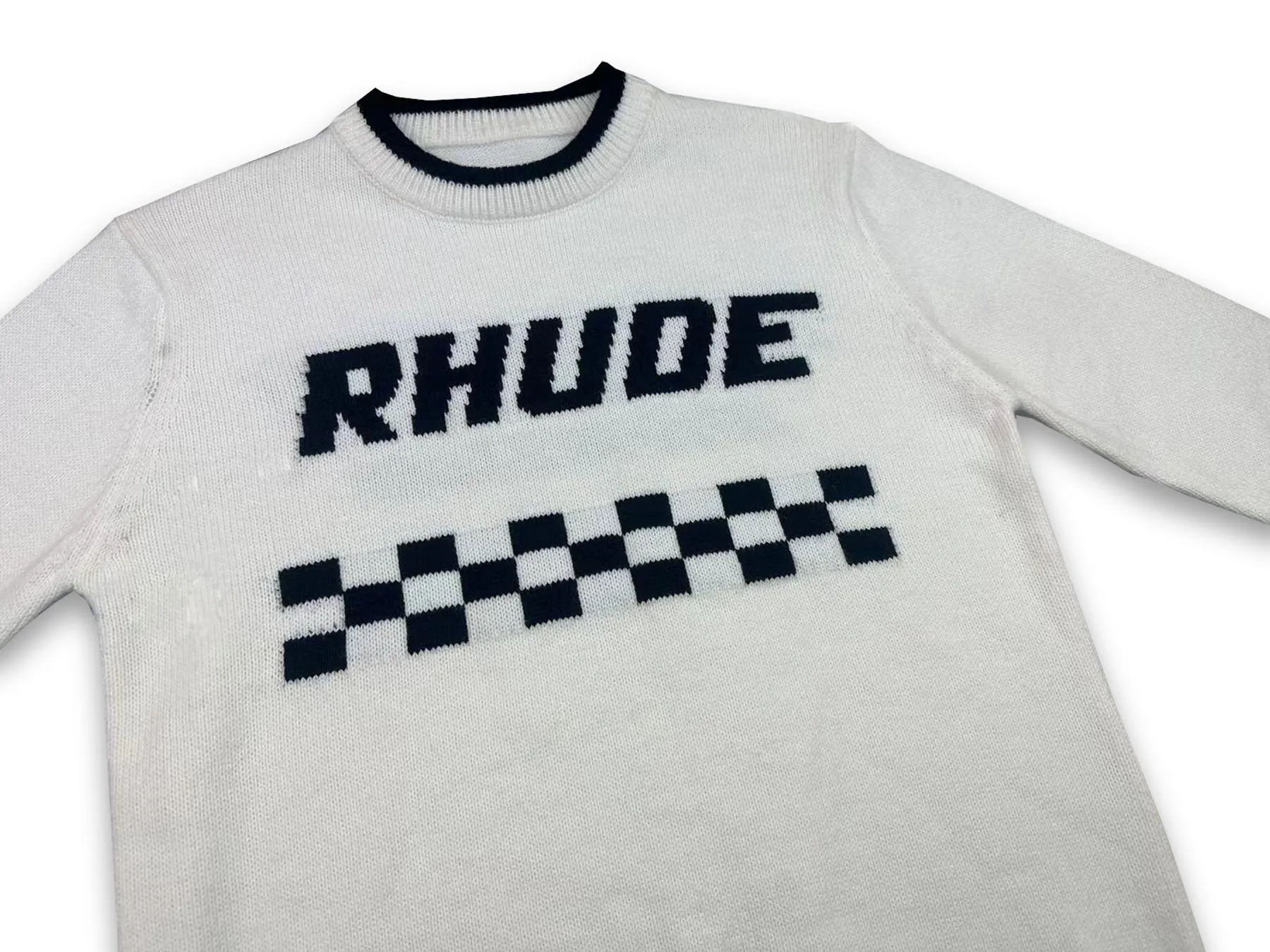 P240 Rhude new racing track jacquard crew neck sweater Color: Khaki White Size: M L XL XXL
