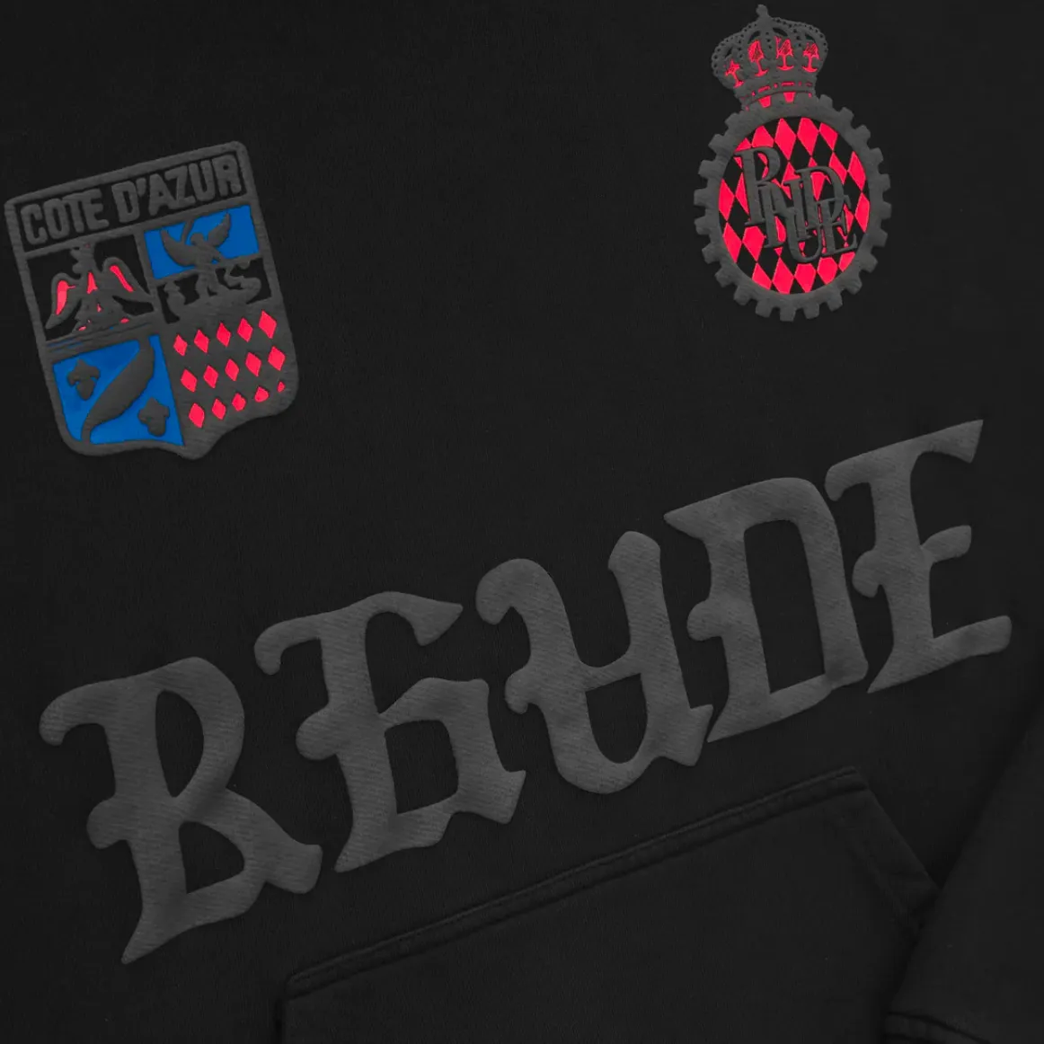 Style No.: 8887 P246 RHUDE New American high street men's and women's street fashion loose hooded sweatshirt. Foam printing technology + using pure cotton terry brushed technology fabric 450 grams. Heavy upper body three-dimensional fluffy size: (S-M-L-XL) Color: black