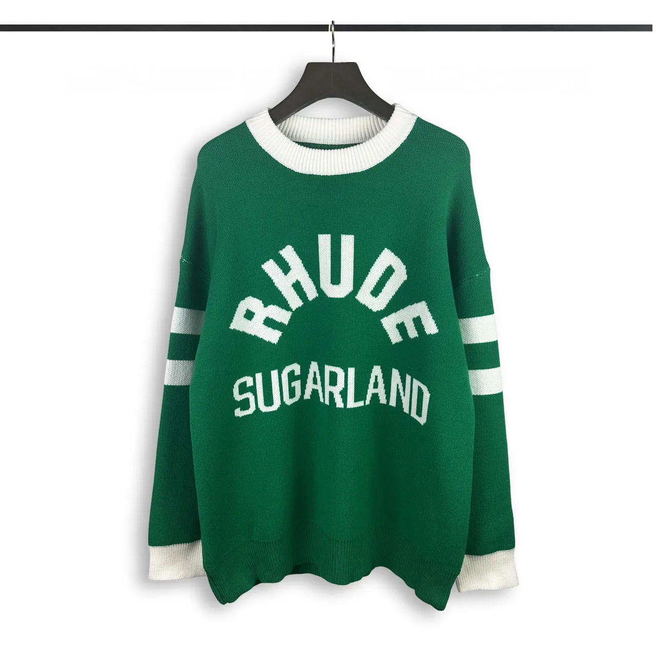 P250 Rhude new contrasting jacquard letter crew neck sweater Color: black and white green Size: M L XL XXL