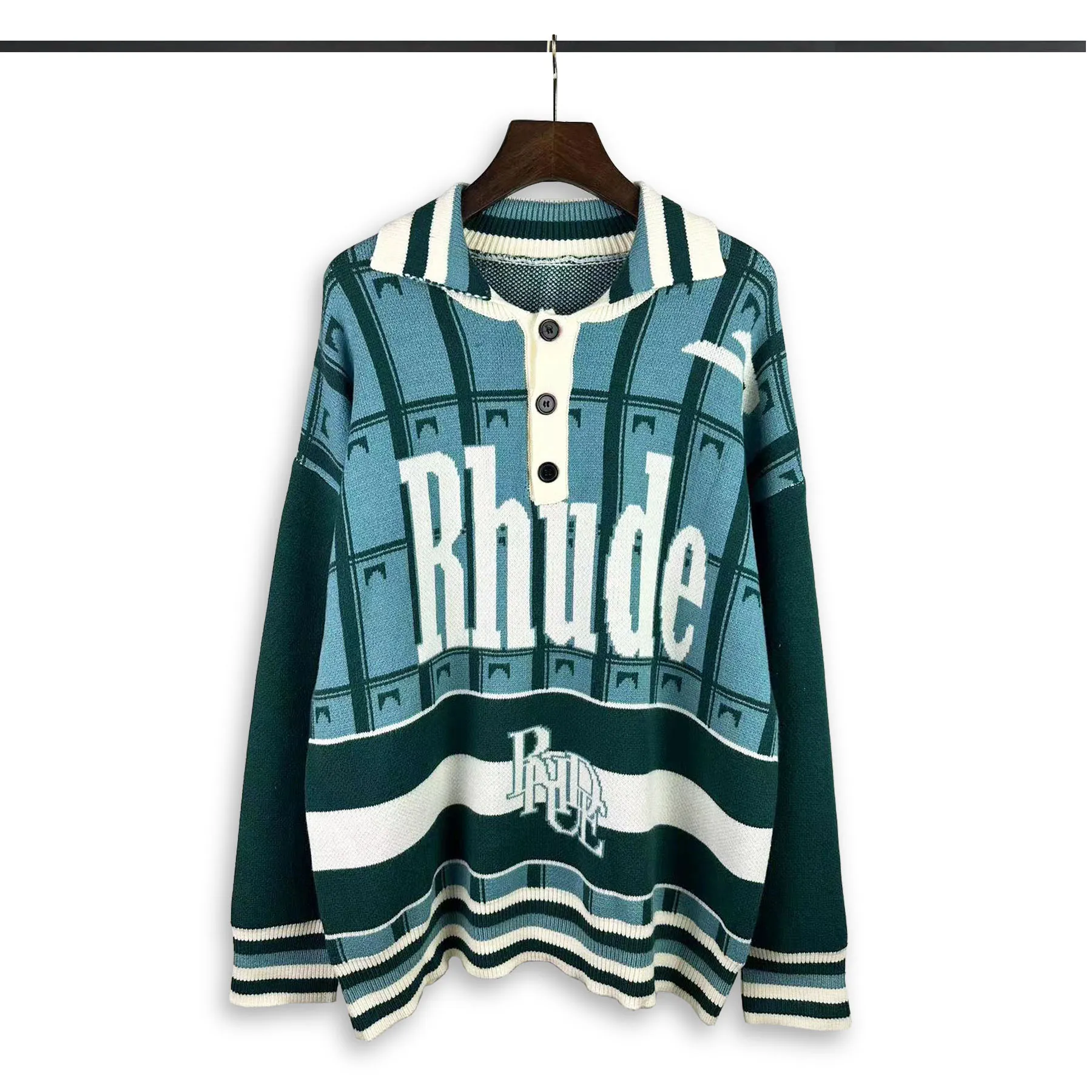 P300 Rhude new polo collar letter jacquard sweater Size: M L XL XXL