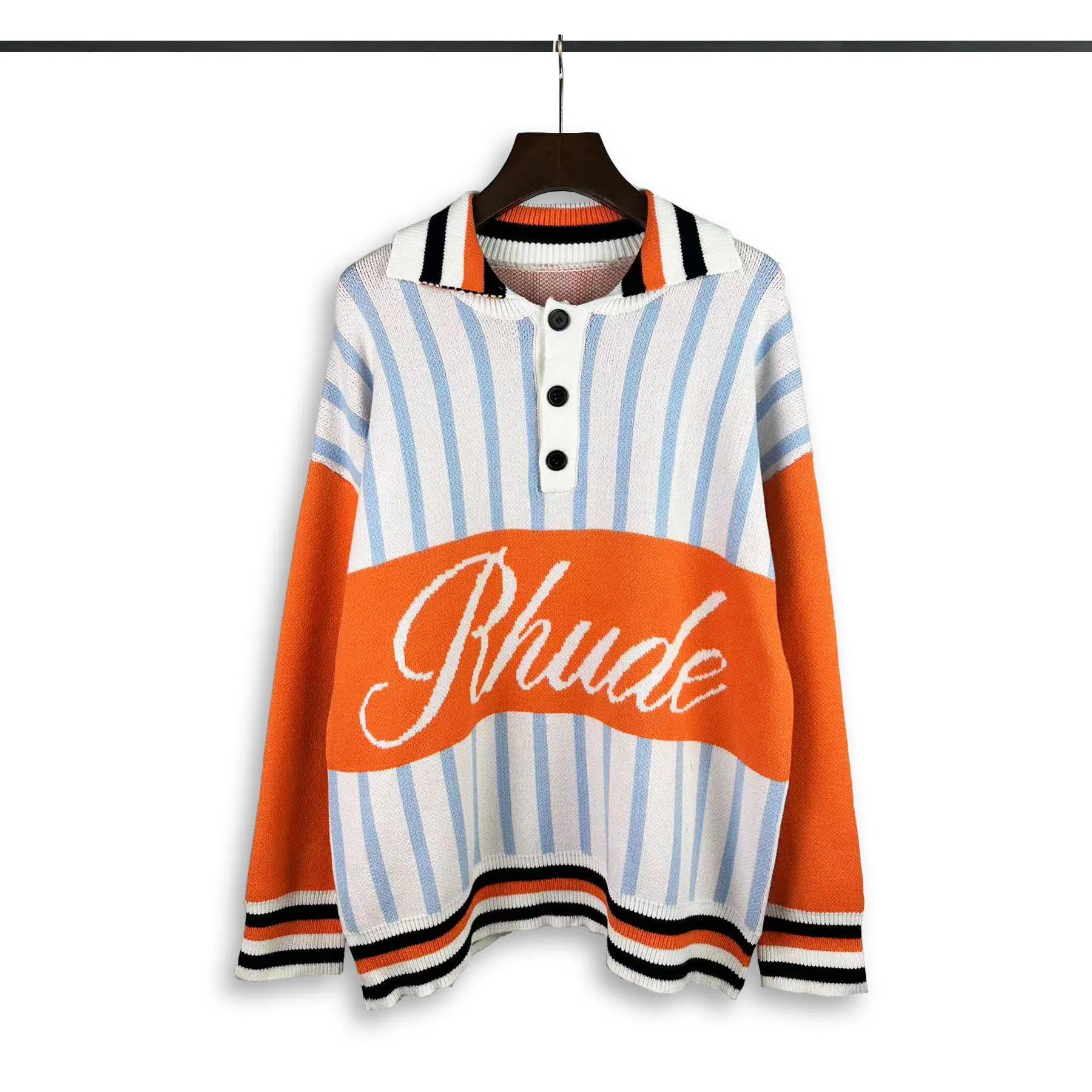 P300 Rhude new polo collar stitched letter jacquard sweater Size: M L XL XXL