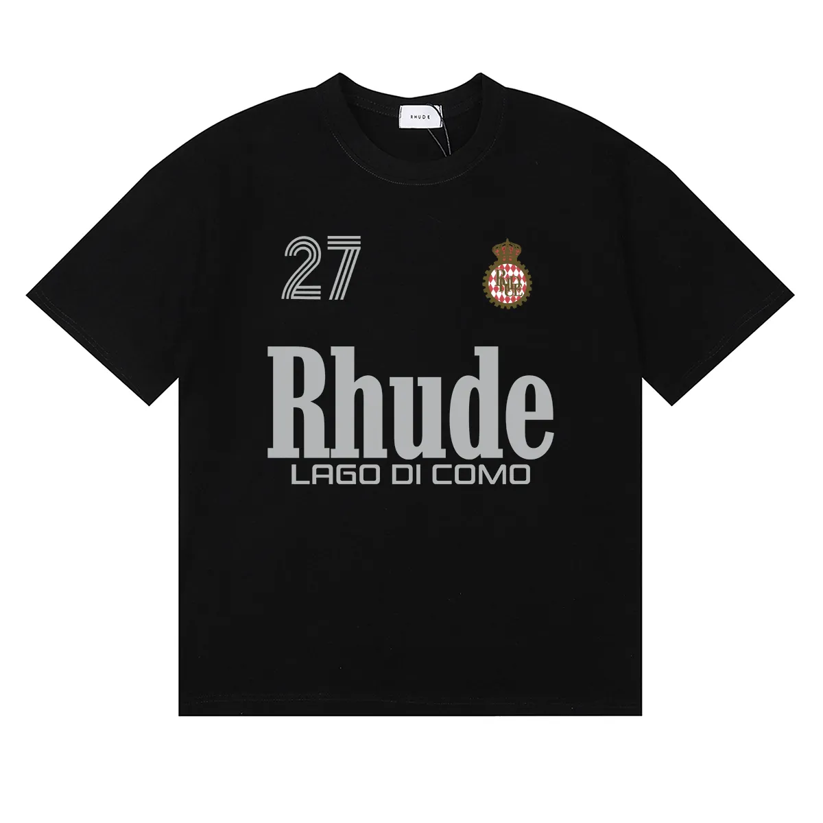 P114 No. 50180, beautiful Rhude LAGO DI COMO Lake Como printed high-quality double yarn pure cotton casual short-sleeved T-shirt Color: black, white, apricot; Size: S M L XL