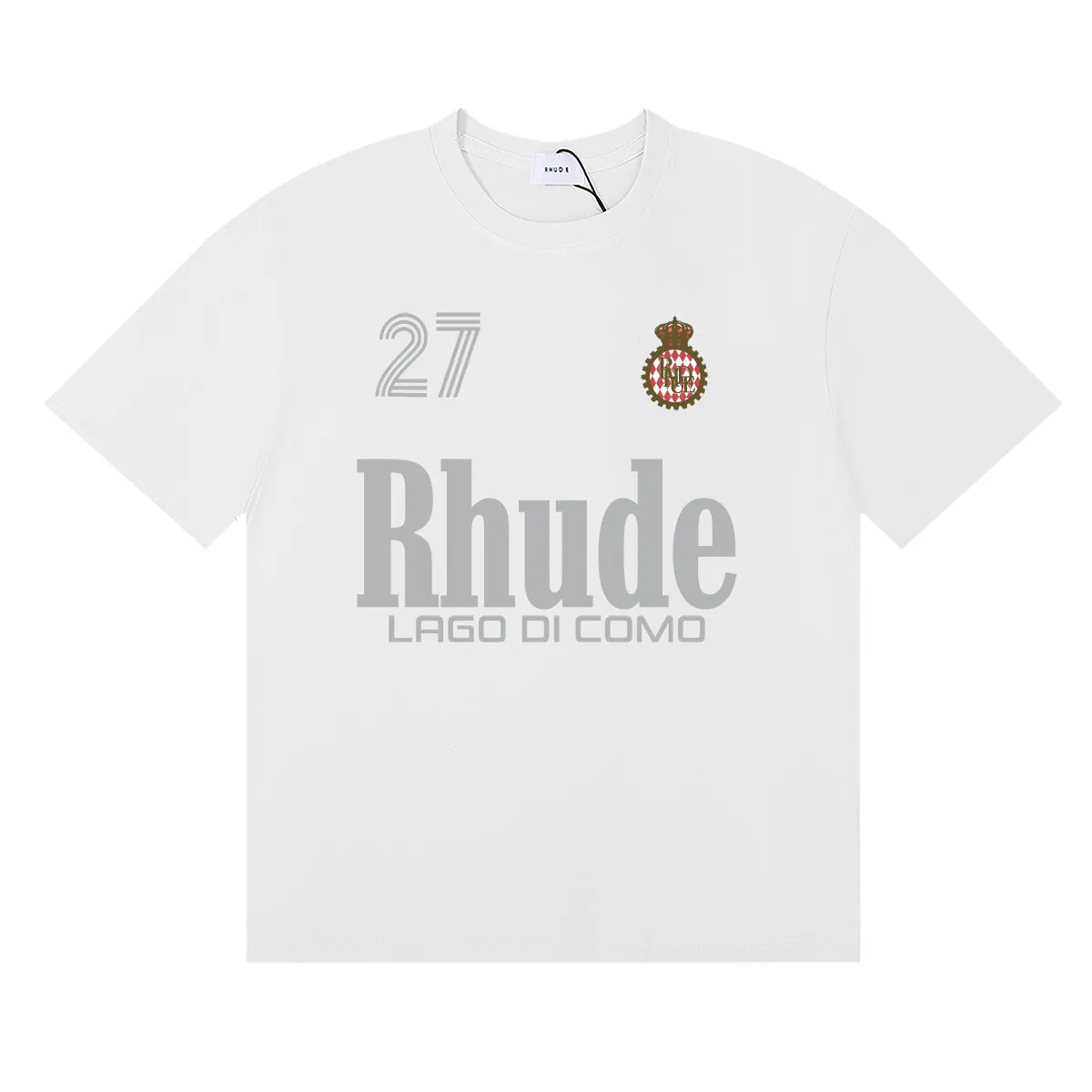 P114 No. 50180, beautiful Rhude LAGO DI COMO Lake Como printed high-quality double yarn pure cotton casual short-sleeved T-shirt Color: black, white, apricot; Size: S M L XL