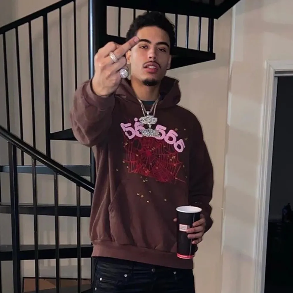 Sweatshirt 8203, batch 220, Young Thug Sp10der 55555 foam print Jordan Clarksons same style upper weight pure cotton terry loose hoodie sweatshirt for men and women Color: dark coffee; Size: S M L XL