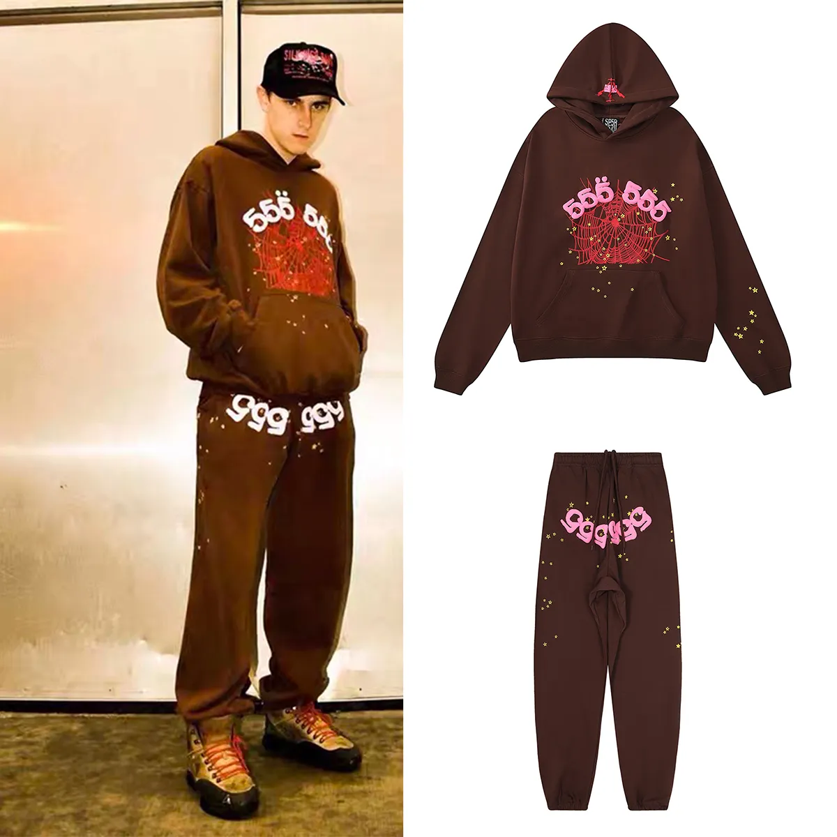 Sweatshirt 8203, batch 220, Young Thug Sp10der 55555 foam print Jordan Clarksons same style upper weight pure cotton terry loose hoodie sweatshirt for men and women Color: dark coffee; Size: S M L XL