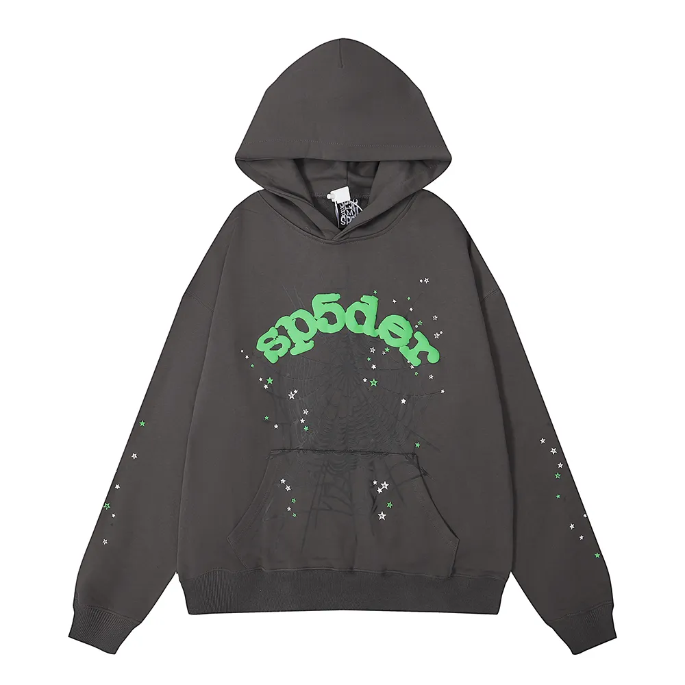 No. 8209, batch 220, Young Thug Sp10der 555555 spider web green foam printed high weight pure cotton loose casual hoodie sweatshirt Color: dark gray; Size: S M L XL